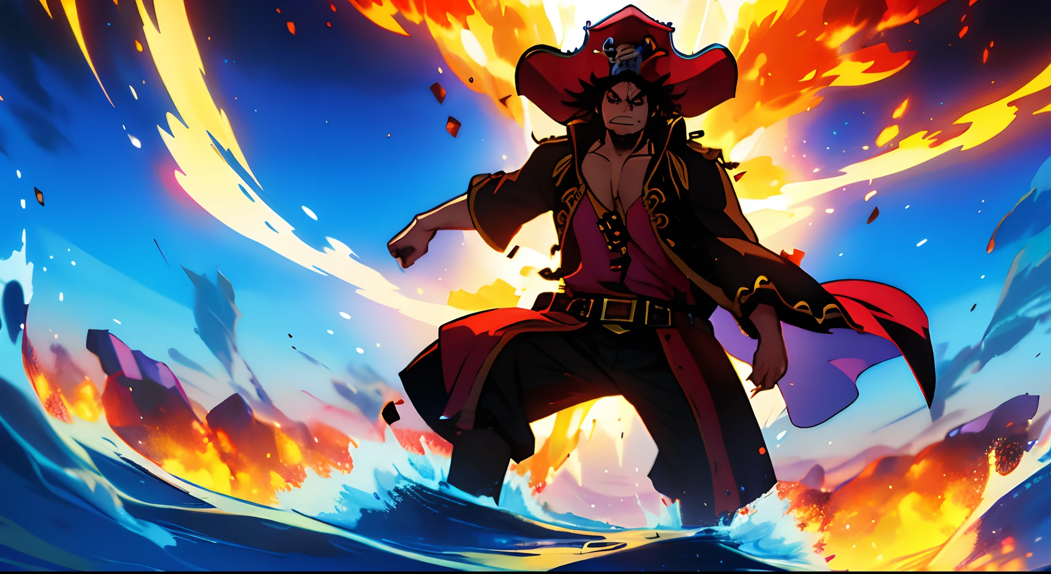 Masterpiece, High Definition, 4K Art, pirate king with an explosion background that can illustrate his power