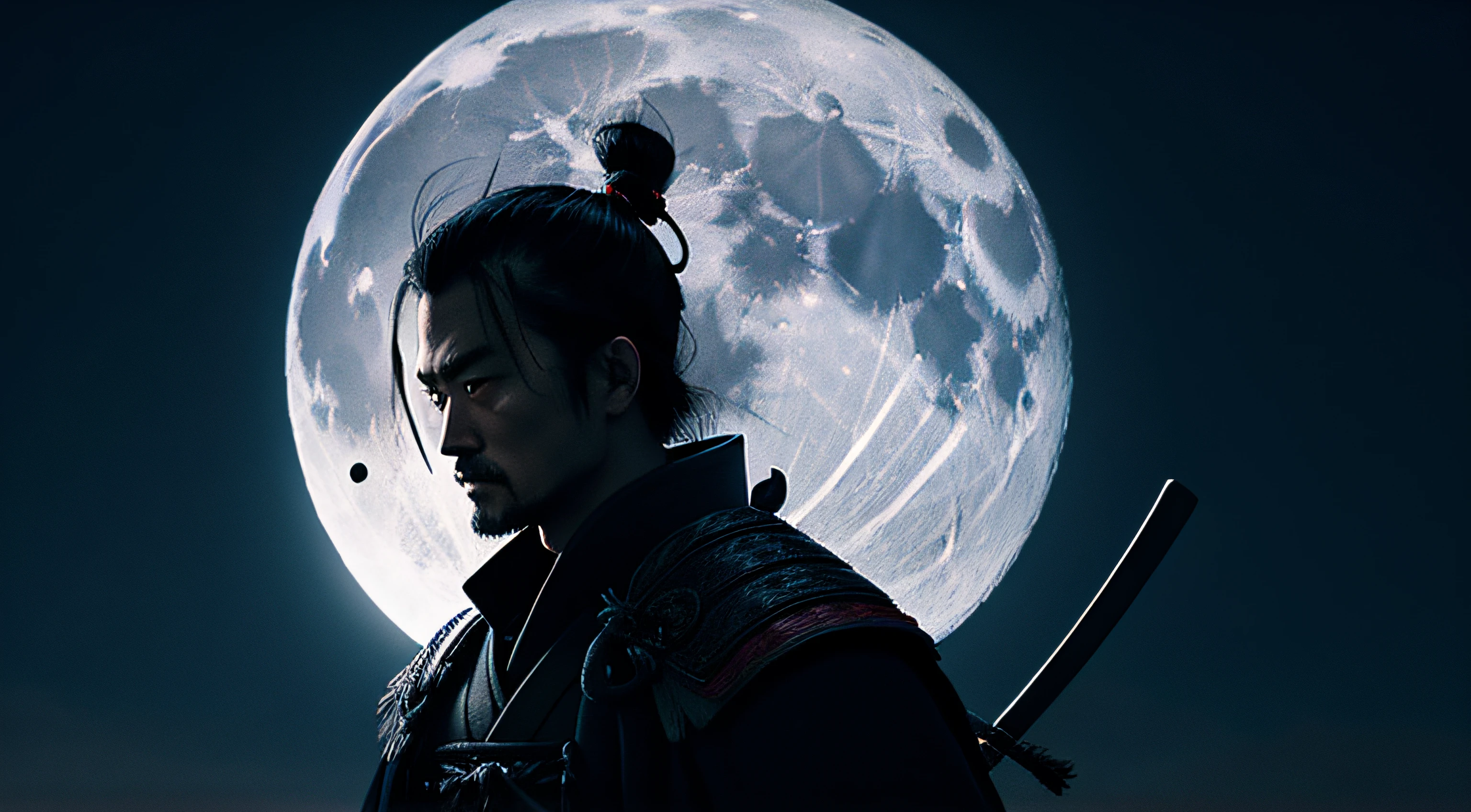 samurai with the moon in the background illuminating, dark scene