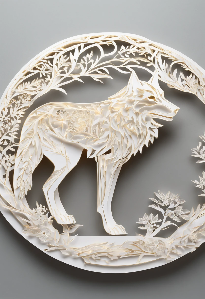 white wolf perfectly centered inside a circular frame wearing headphones and sunglasses with touches of gold and silver, it should look as if carved out of ivory