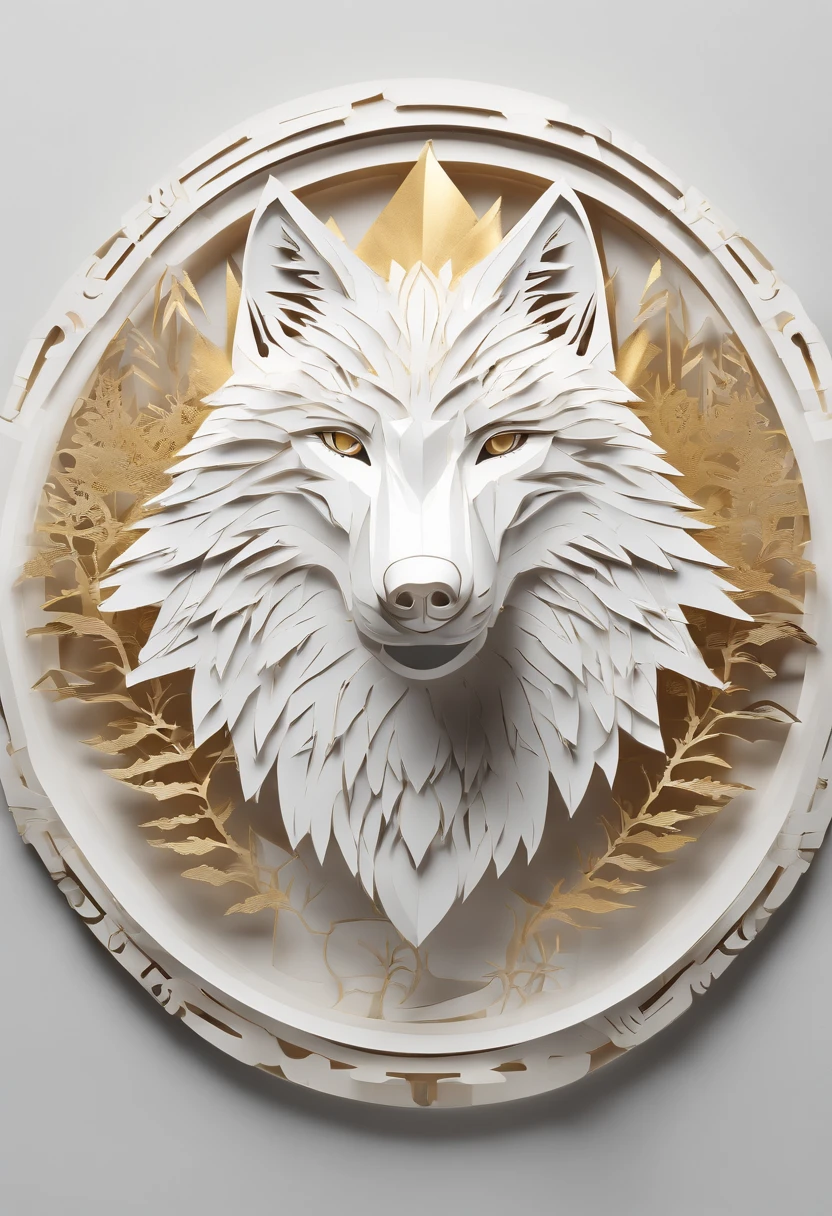 white wolf perfectly centered inside a circular frame wearing headphones and sunglasses with touches of gold and silver, it should look as if carved out of ivory