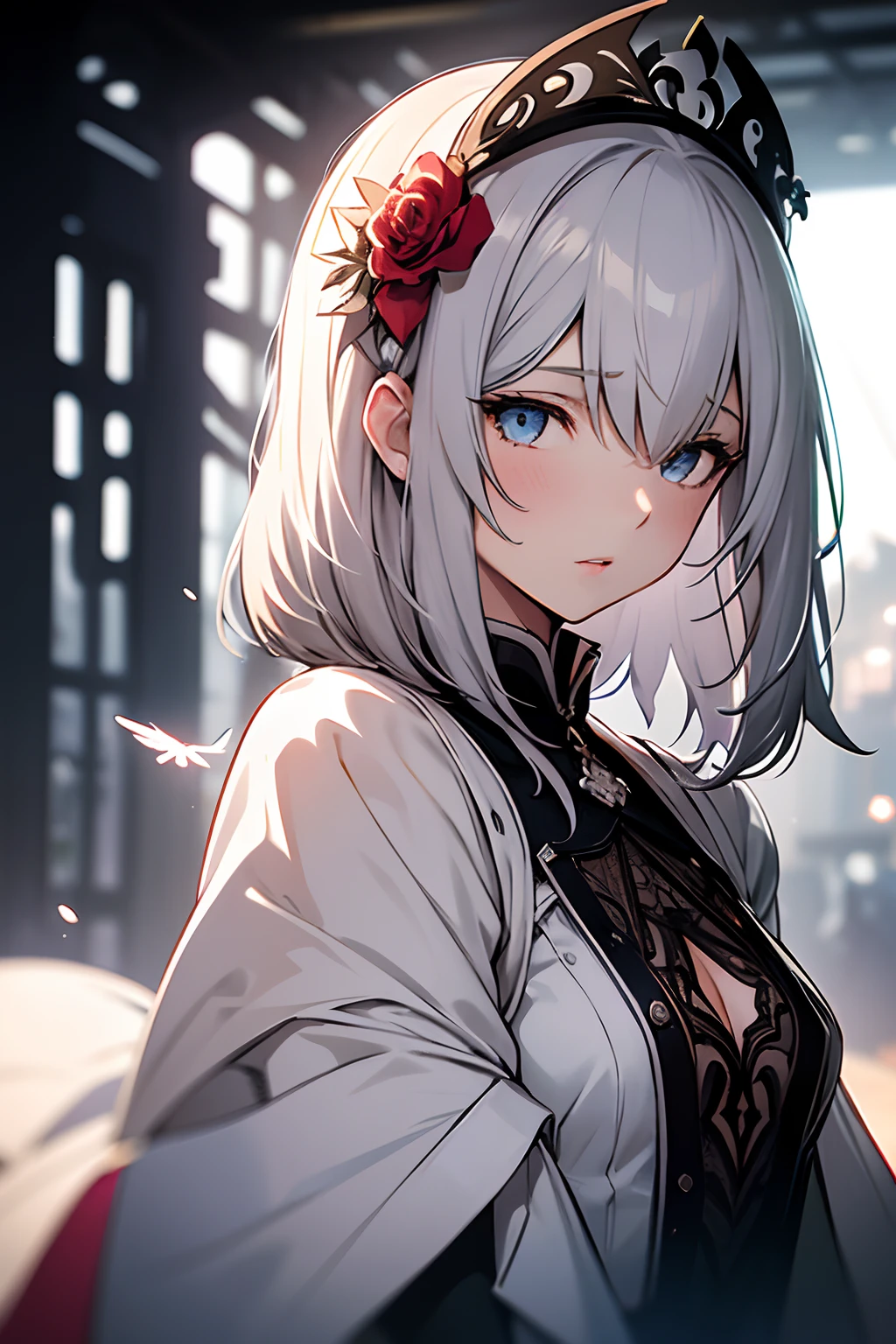 ((Masterpeace)), ((best quality)), ((all detailed)), ((extremely detailed)), illustration, (silhouette:1.5), (((intricate detailed))), illyasviel von einzbern, type moon style, Stereoscopic feeling, depthoffield, game_cg, The girl is in the center of the frame, flying_sweatdrops, flat chest, girl, woman, female, young, 20 years old, medium hair, bangs, eyes visible through hair, grey hair, hair fluttering in the wind, snowflakesdetailed cute anime face, ^_^, extremely detailed eyes, parted_lips, delicate hands, small_breasts, pale blue eyes, white skin, maid, black Clothes, detailed ice, white background|black goo, blurry, absurdres, noelle_\(genshin_impact\), 1girl, (green_eyes:1.2//), silver hair, short_hair, medium_breasts, rose, red_flower, hair_flower