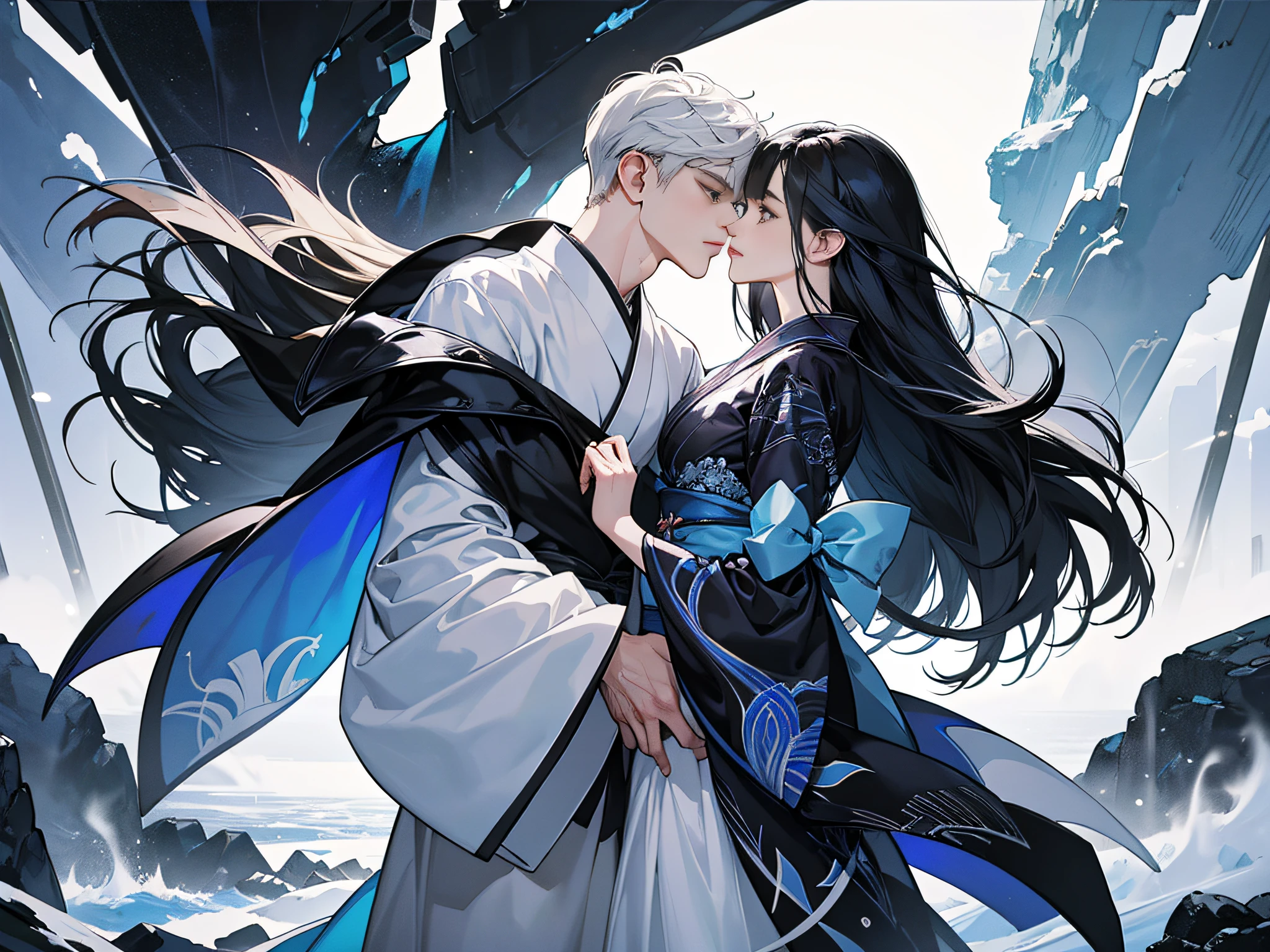 A snowy, whimsical fantasy scene with an super model in sexy pattern kimono. The image is primarily composed of white, black, and royal blue colors. The artwork is created with abstract shapes and lines, resembling brush strokes. It has a poster art feel to it. The main focus of the scene is a couple engaged in a passionate kiss. The lighting and shadows play a crucial role in enhancing the mood of the artwork. The style of the image is influenced by the works of Malcolm Liepke, known for his dynamic and expressive paintings. Depict the model partially concealed by a sheer fabric or drapery, leaving much to the viewer's imagination. Use subtle details to hint at hidden desires. symbolic elements that convey a deeper meaning or narrative