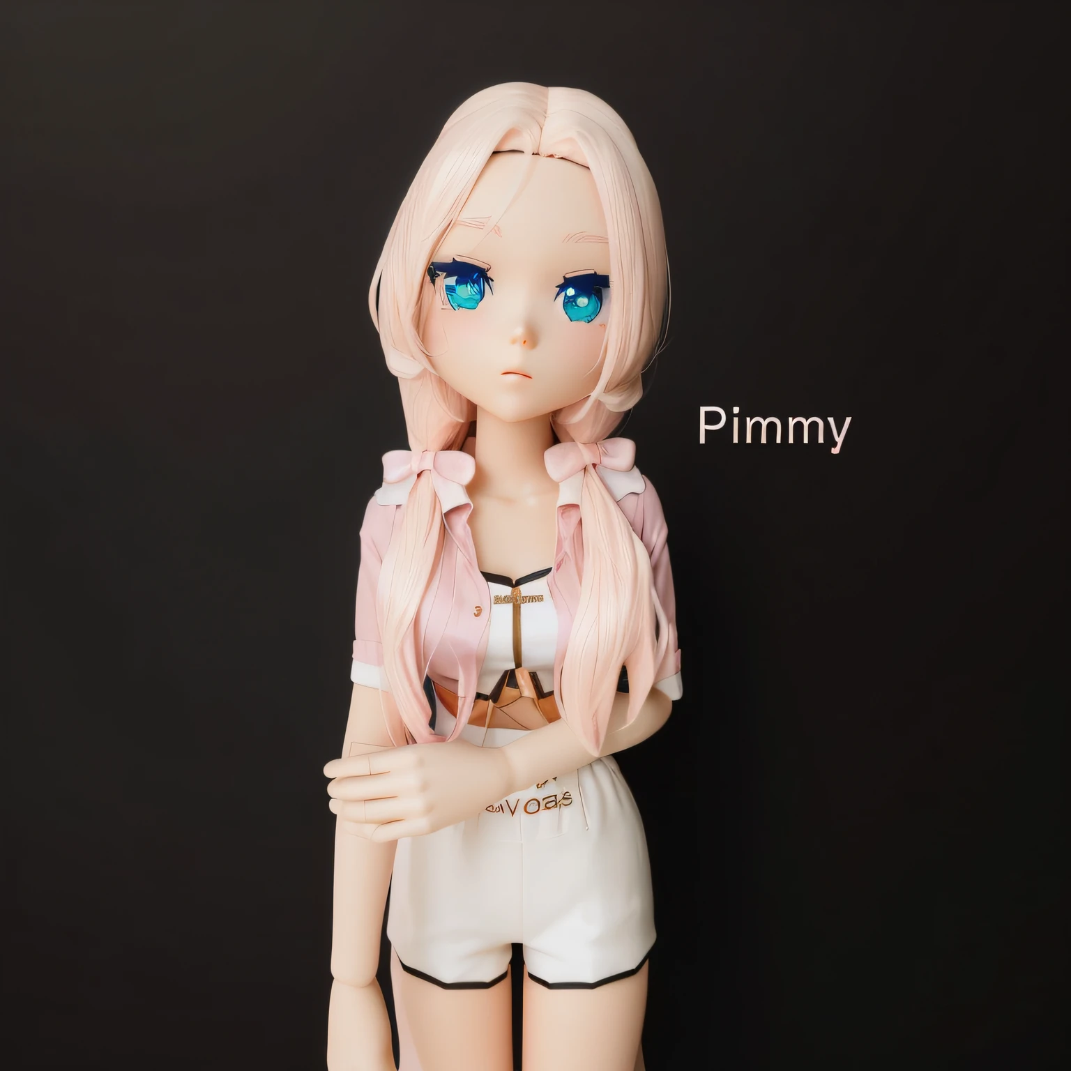 1 Cute Baby Chibi Anime、(Best Quality), (masutepiece)、Standing、Beige hair、(Shorts over orange pantyhose: 1.4) (Houndstooth Retroflower Shorts) (Fashion magazine cover:1.7)、Cosmetic Items、On the cover「lovely kiss」Characters