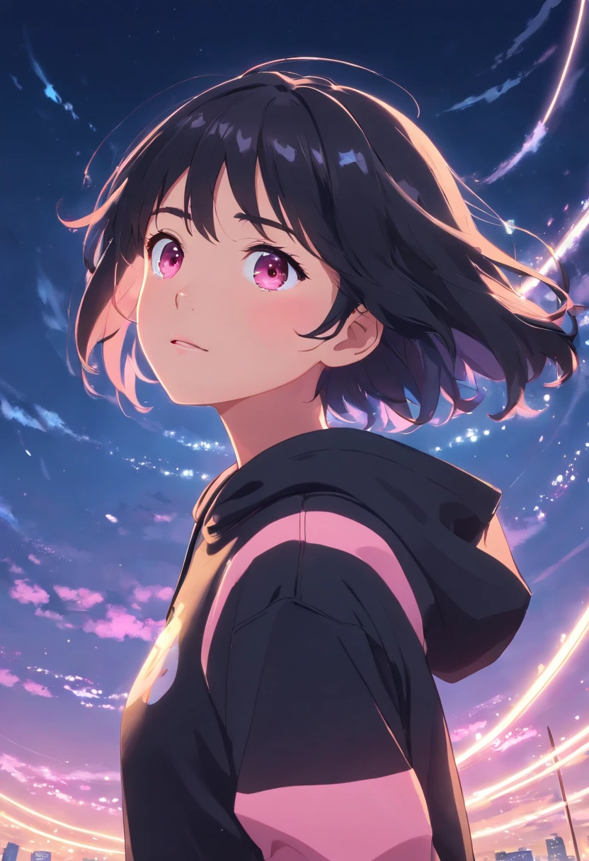 masterpiece, best quality, movie still, a black haired ager with pink eyes in a black sweatshirt dress, floating in the sky, close-up, bright, happy, cool lighting, nighttime, (sparks:0.7)