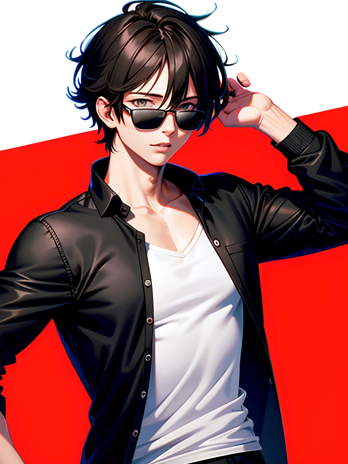 A young Handsome anime boy With black open shirt and white t shirt and black sunglass , red background , hyper realistic