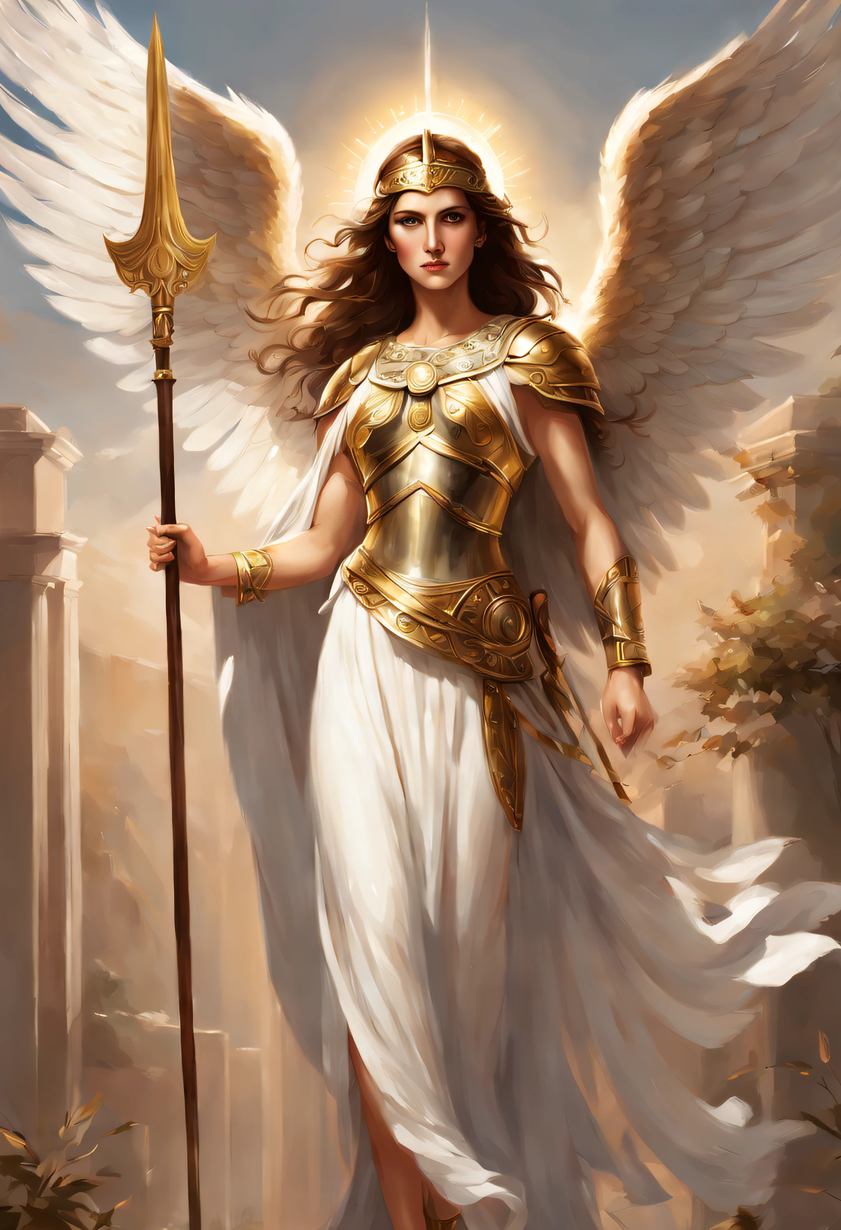 Greek Goddess Athena, brown hair, fierce gray eyes, angel white wings, she is wearing a greek light armor, she is holding a spear with her right hand, warrior goddess, religious painting, digital art