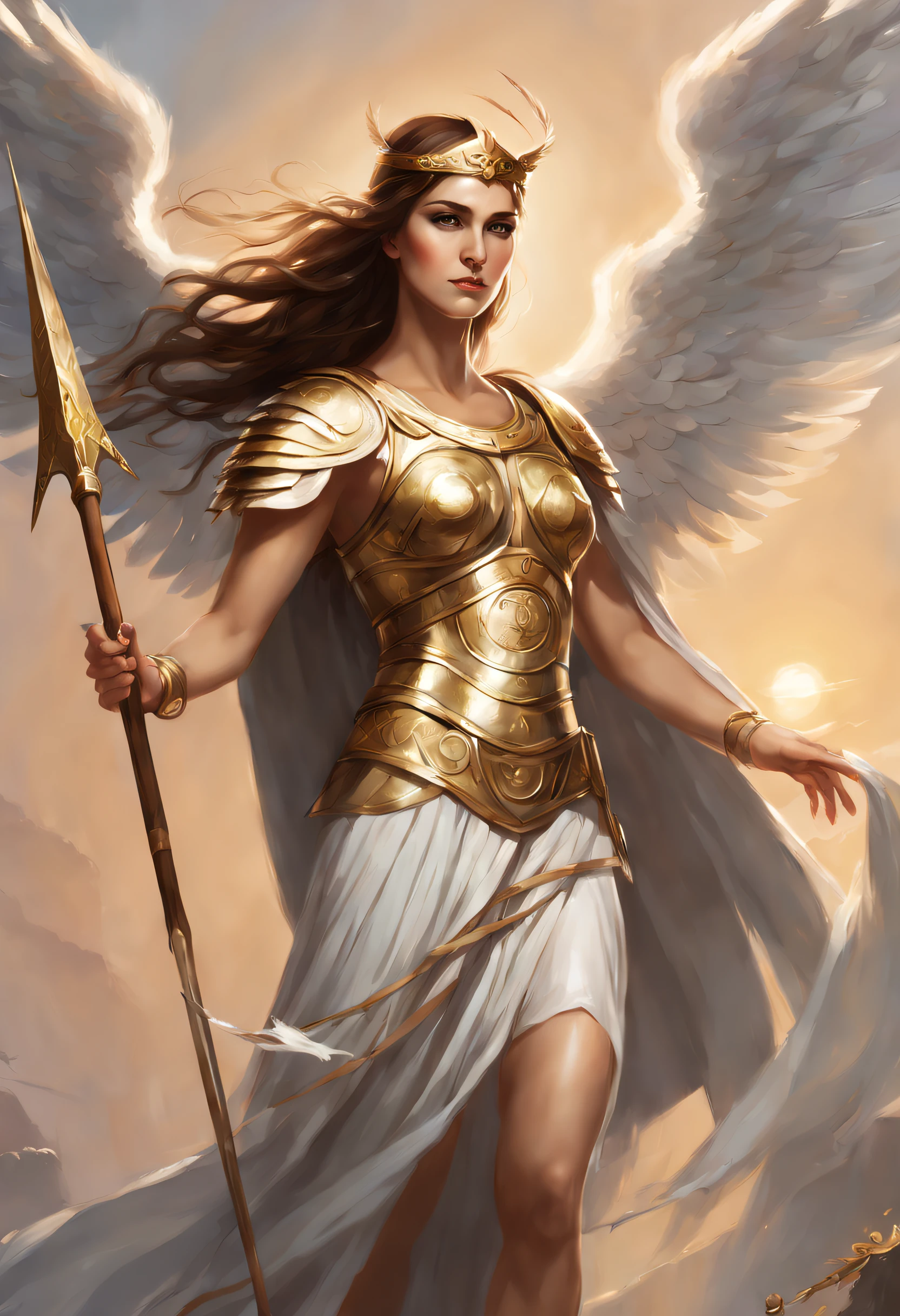 Greek Goddess Athena, brown hair, fierce gray eyes, angel white wings, she is wearing a greek light armor, she is holding a spear with her right hand, warrior goddess, religious painting, digital art