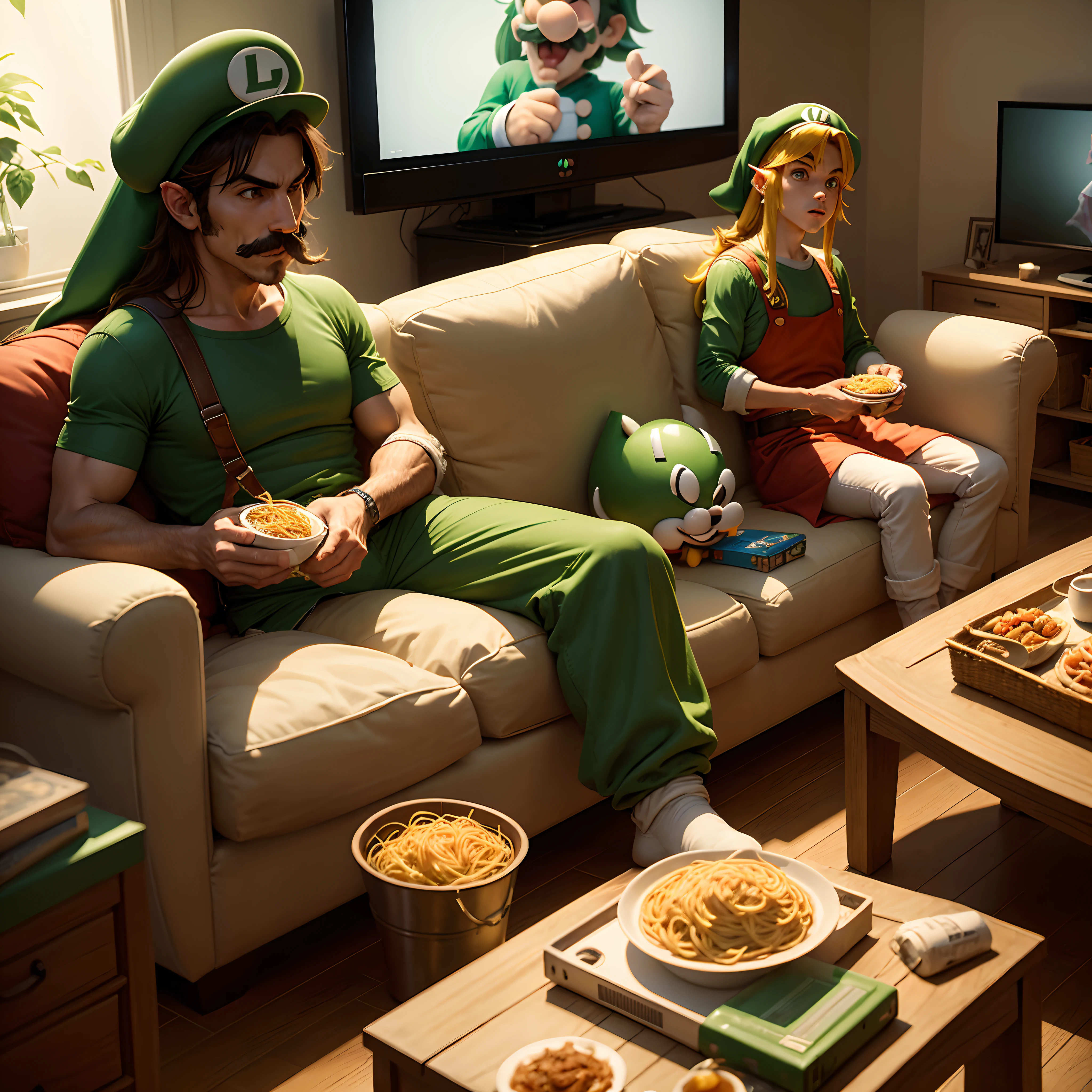 Luigi from super Mario brothers eating spaghetti while Link from legend of Zelda is watching tv in the living room.