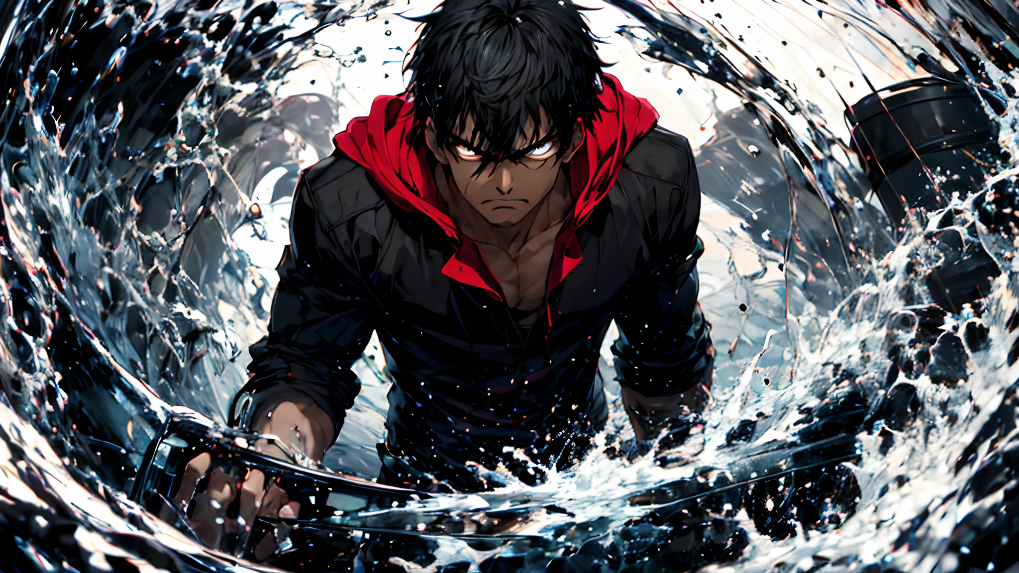 1hombre .Eyes bathed in anger, cabello largo mojado negro, glass barrel bottom, mirando al espectador, fondo de pantalla CG 8k extremadamente detallado,lluvia intensa de una tormenta