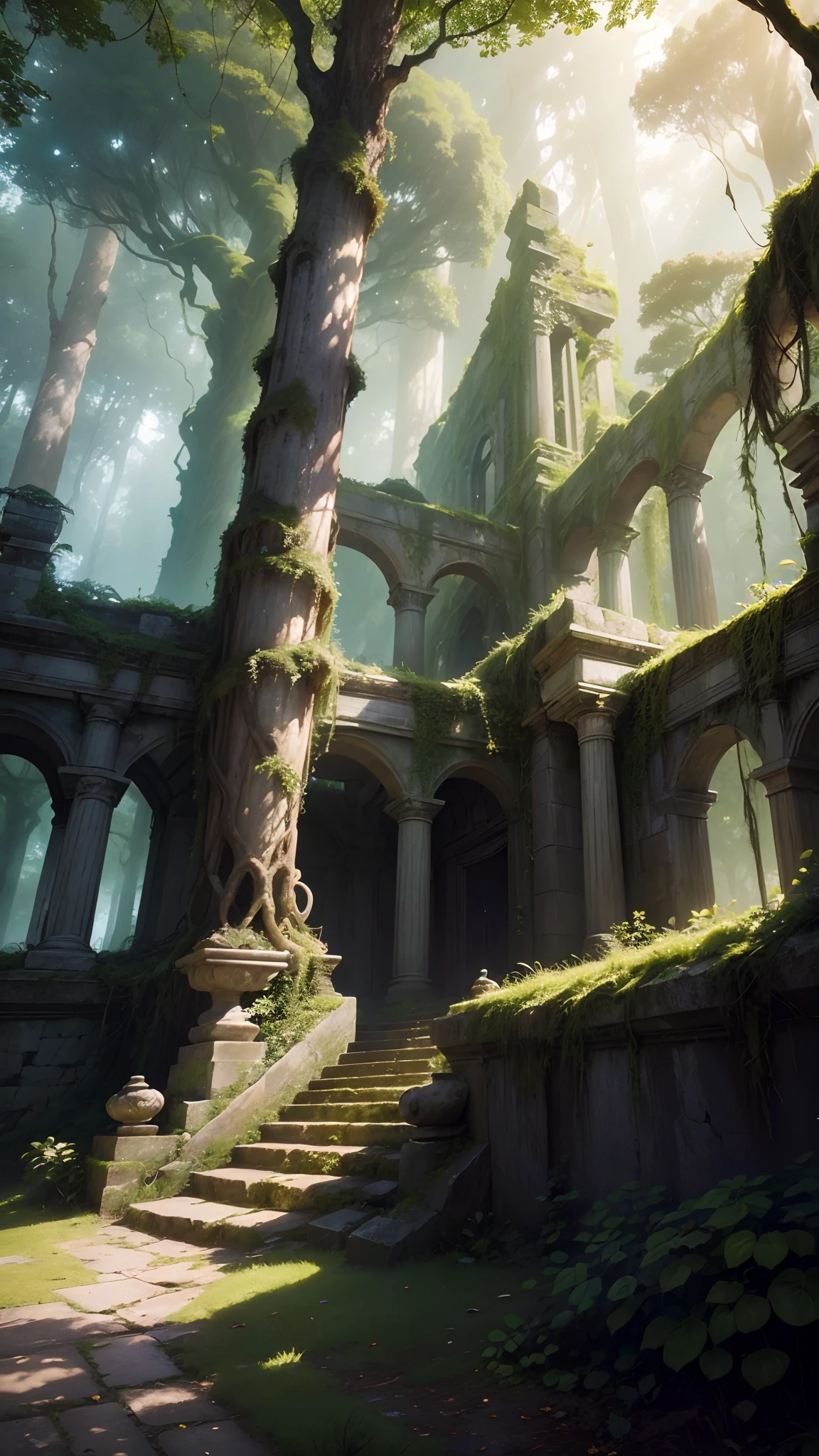(Best quality,4K,8K,A high resolution,Masterpiece:1.2),Ultra-detailed,(Realistic,Photorealistic,photo-realistic:1.37),Ancient ruins,giant fantasy creatures,an enchanted forest,Prehistoric beasts,mythological creatures,Dense vegetation,Mossy tree,Majestic vines,glowing mushrooms,ancient symbols,The dimming sun,Ethereal atmosphere,Lush greenery,magical ambiance,Ruins covered with ivy,Secrets hidden in the shadows,mystical aura,whispers of the past,Secluded trails,exquisite attention to detail,Majestic and awe-inspiring,lost civilizations,enchanted artifacts,Ancient legends come to life,Huge stone carved with ancient texts,Mysterious creatures roam the forest,There is a mysterious aura in the air,Fading memories of a long-forgotten era,A magical injection of nature and history,A true masterpiece of fantasy and wonder.