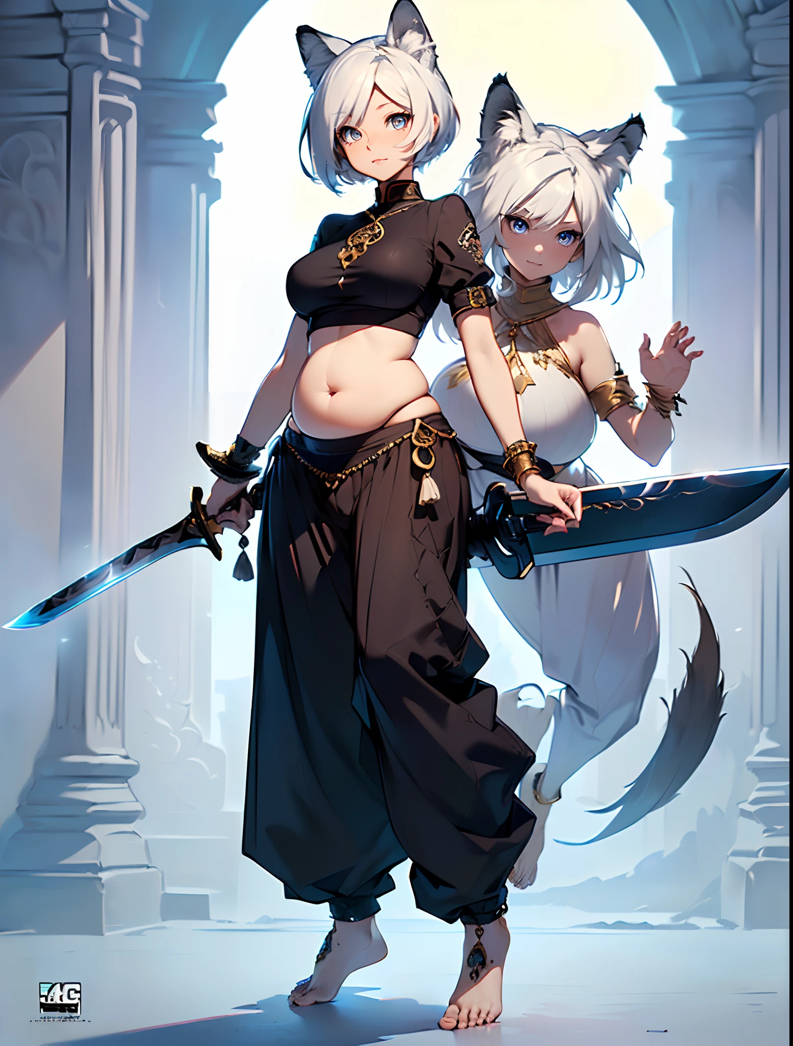 (best quality,4k,8k,highres,masterpiece:1.2),ultra-detailed, ((fox girl)), ((cute)), ((perfect face)), ((expressive face)), (((full body))), ((perfect body)), (((standing pose))), (((big sword))), (((perfect sword))), (((detailed sword))), (((very baggy and long belly dance harem pants))), (((perfect pants))), (((detailed clothes))), (((bare feet))), ((fully detailed)),illustration,vivid colors