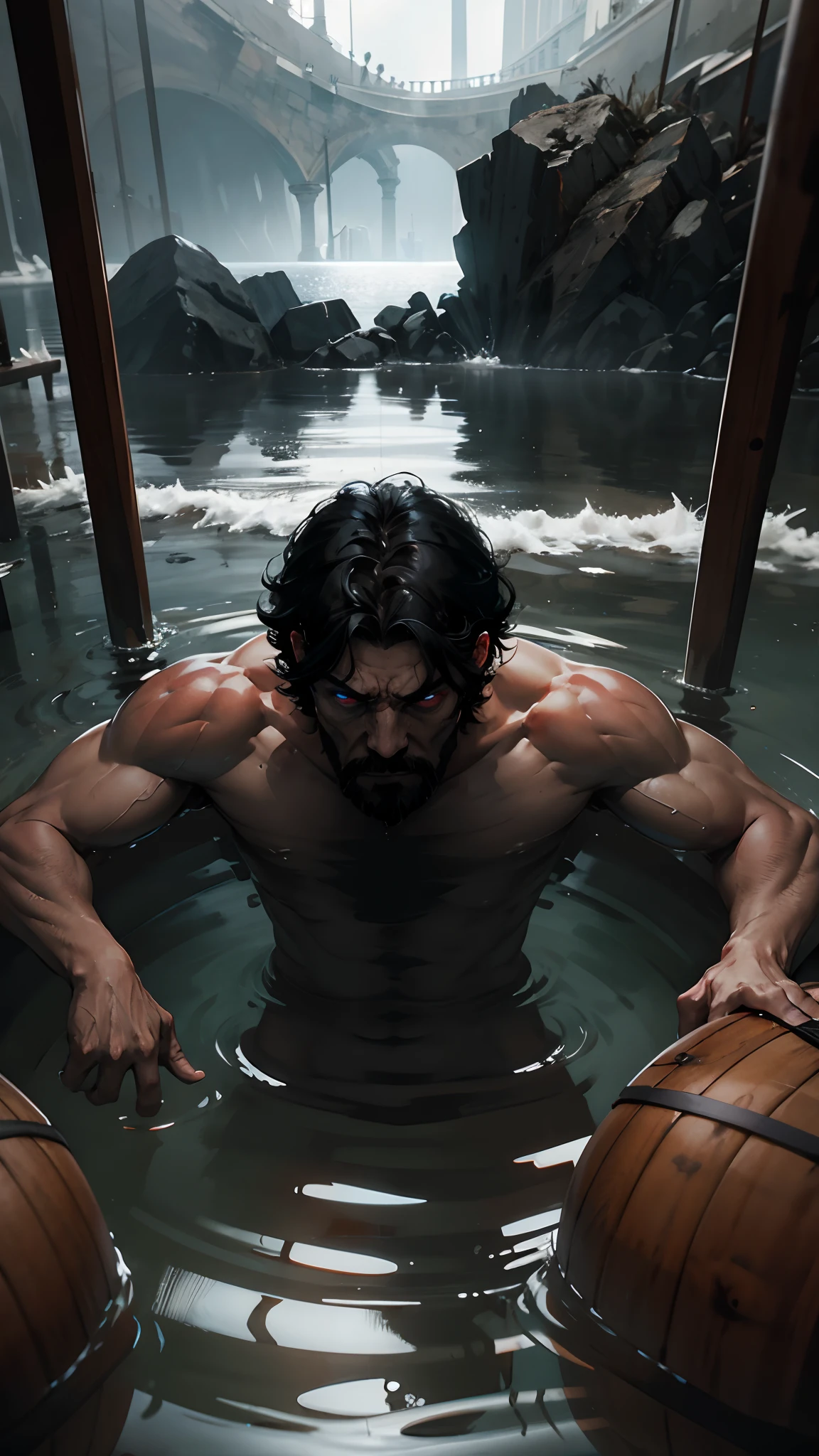 1hombre .Eyes bathed in anger, cabello largo mojado negro, glass barrel bottom, mirando al espectador, fondo de pantalla CG 8k extremadamente detallado,lluvia intensa de una tormenta