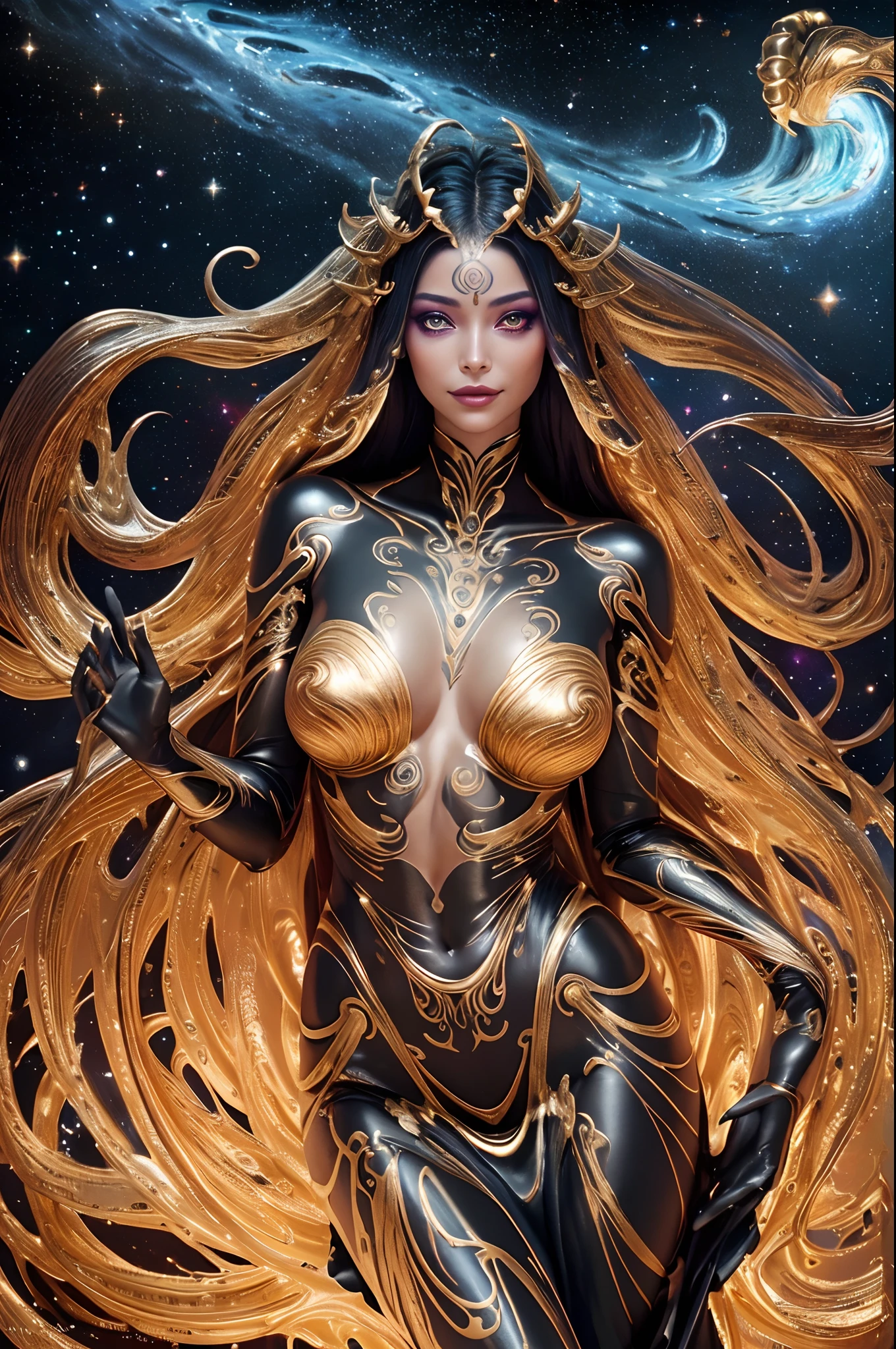 (body formed by galactic liquid mauevine and black metallic paint twisting into a beautiful interpretation of the female figure), au naturel,((complex galactic metallic colours in the foreground)), (( fluid mechanics, the loveliest smooth scale face makeup, smirky expression)) - red, black and gold, onyxia, metallic color palette g0s1