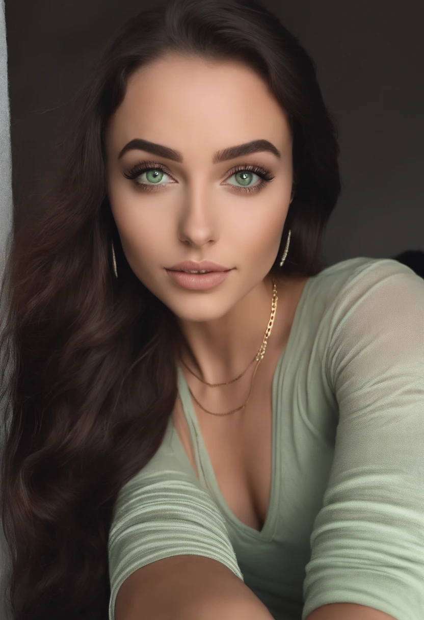 arafed woman with a white tank top and a necklace, sexy girl with green eyes, portrait sophie mudd, black hair and large eyes, selfie of a young woman, bedroom eyes, violet myers, without makeup, natural makeup, looking directly at the camera, face with artgram, subtle makeup, stunning full body shot, piercing green eyes and have a good smile