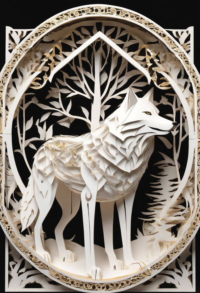 white wolf perfectly centered inside a circular frame wearing headphones and sunglasses with touches of gold and silver, it should look as if carved out of ivory