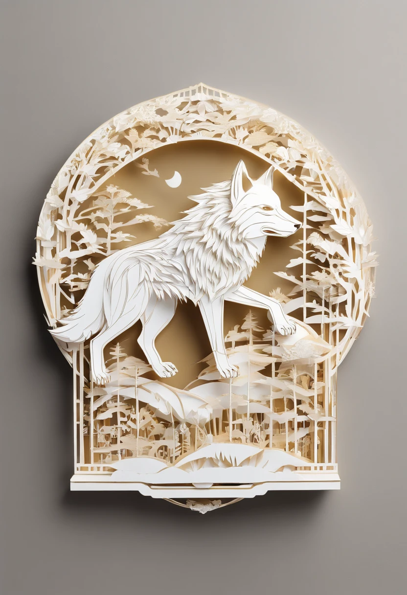 white wolf perfectly centered inside a circular frame wearing headphones and sunglasses with touches of gold and silver, it should look as if carved out of ivory