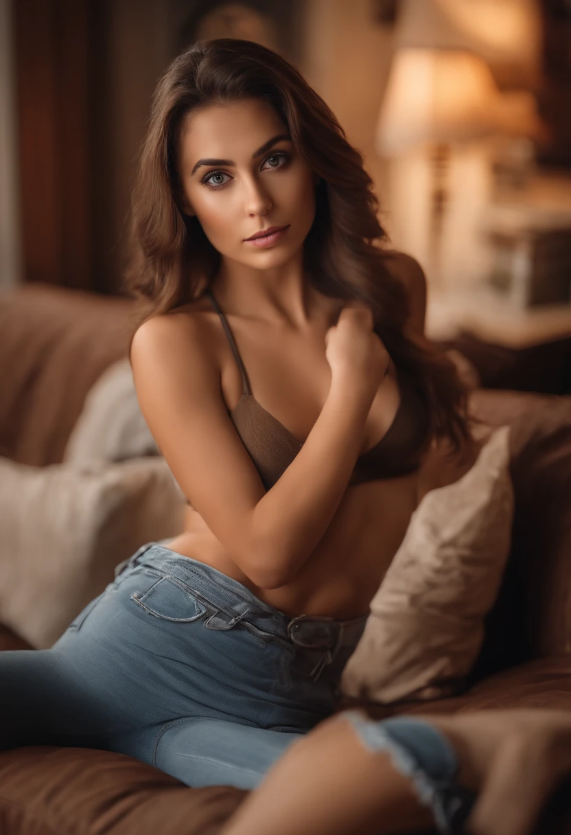 arafed woman with no tank top and panties, sexy girl with brown eyes, brown hair and large eyes, selfie of a young woman on sofa