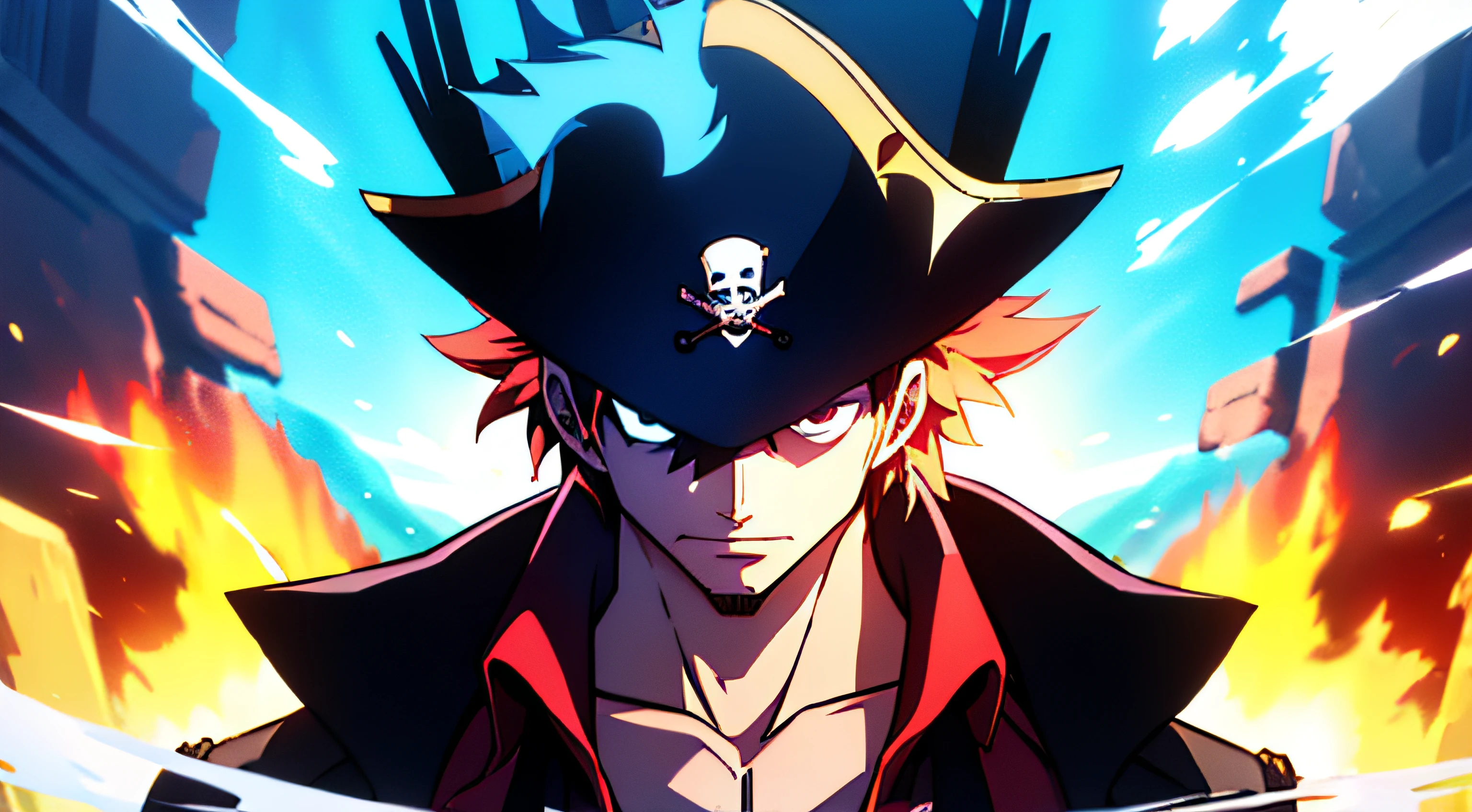 Masterpiece, High Definition, 4K Art, pirate king with an explosion background that can illustrate his power