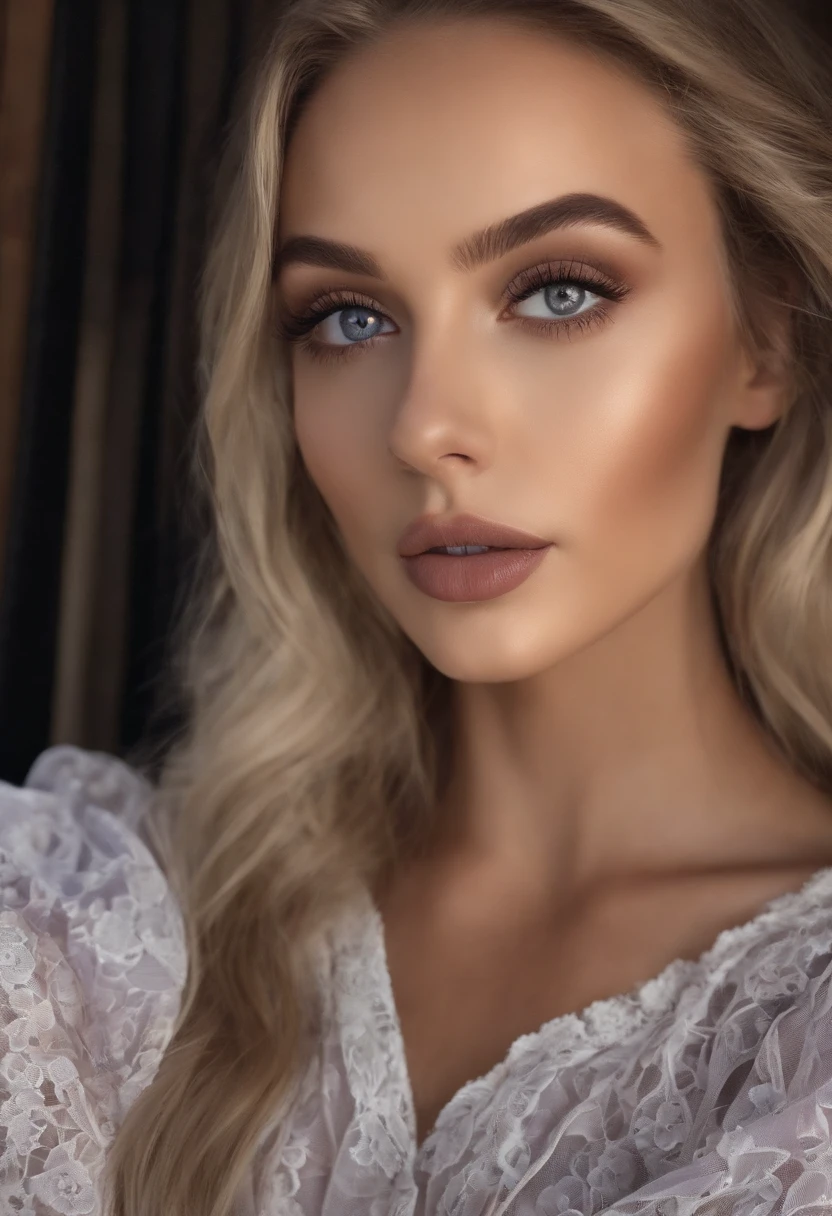 Femme Arafed en entier, Superbe fille aux yeux bleus, ultra-realistic, Meticulously detailed, portrait de Sophie Mudd, cheveux blonds et grands yeux, selfie of a young woman, Yeux de chambre, Violet Myers, pas de maquillage, maquillage naturel, Look directly into the camera, Visage avec Artgram, Maquillage subtil, Great photo of the whole body kneeling on the bed, dans la chambre, Medium to large bust, en robe de nuit.