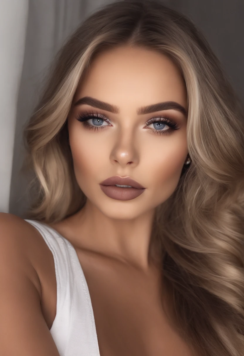 Femme Arafed en entier, Superbe fille aux yeux bleus, ultra-realistic, Meticulously detailed, portrait de Sophie Mudd, cheveux blonds et grands yeux, selfie of a young woman, Yeux de chambre, Violet Myers, pas de maquillage, maquillage naturel, Look directly into the camera, Visage avec Artgram, Maquillage subtil, Great photo of the whole body kneeling on the bed, dans la chambre, Medium to large bust, en robe de nuit.