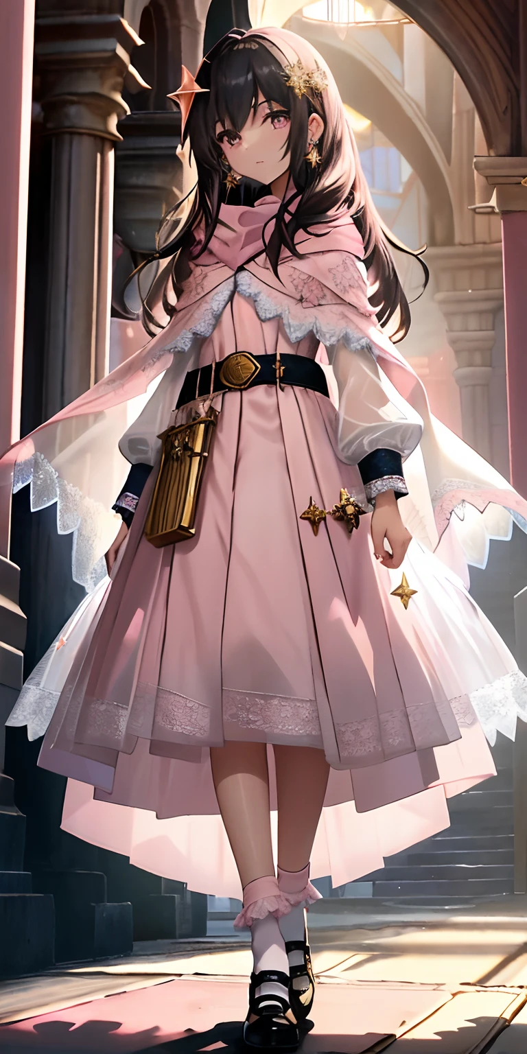 A 17-year-old girl, Super long, Flowing black hair.
	• Gentle facial features，There was a hint of mystery and confusion in his eyes.

Wearing a (Light pink:1.3) and light white dresses, Blended with subtle gold or silver details.
The dress combines elements of a pleated skirt and a flat skirt: The central part of the dress is flat, Although there are mild folds on the sides.
She has ((Light pink:1.3) Mary Jane shoes) collocation (White lace-trimmed socks)).
Slightly tightened puff sleeves，It reflects her calm and reserved nature.
A simple belt is tied around the waist, Holding a couple of small magic tools.
(semi transparent, tulle shawl:1.3)
Simple star-shaped earrings.
Her medieval dress was embroidered with magic symbols or runes.
	• Despite her great magic, Her overall appearance exudes a sense of understated elegance and gentleness.