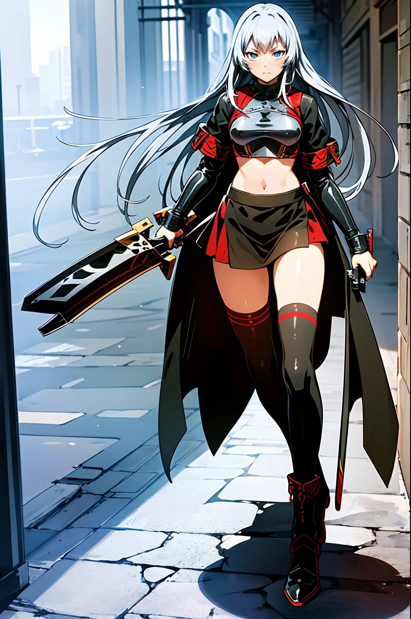 Shiryuu, tunic, saber holding, standing closed eye, silver hair,full body, armored, assasin killer murder armor, mystic armor, character in medieval city, fantasy city, surreal city, fantasy setting, ruins, long skirt