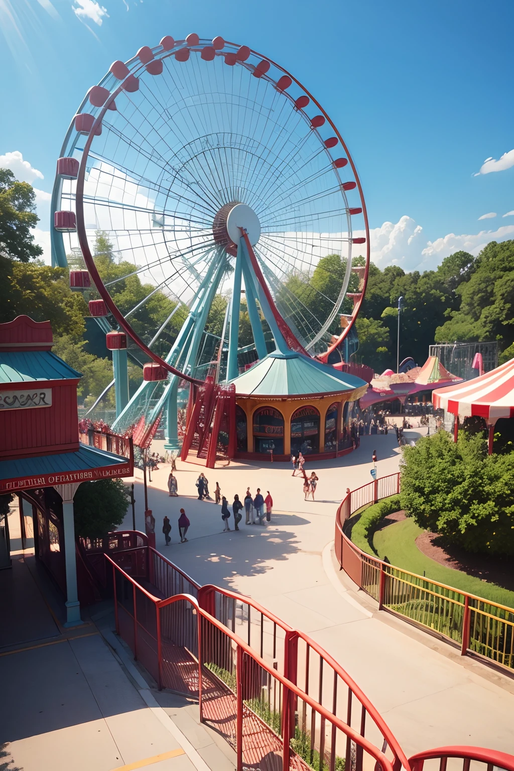 photos of an amusement park with different types of small roller coasters.