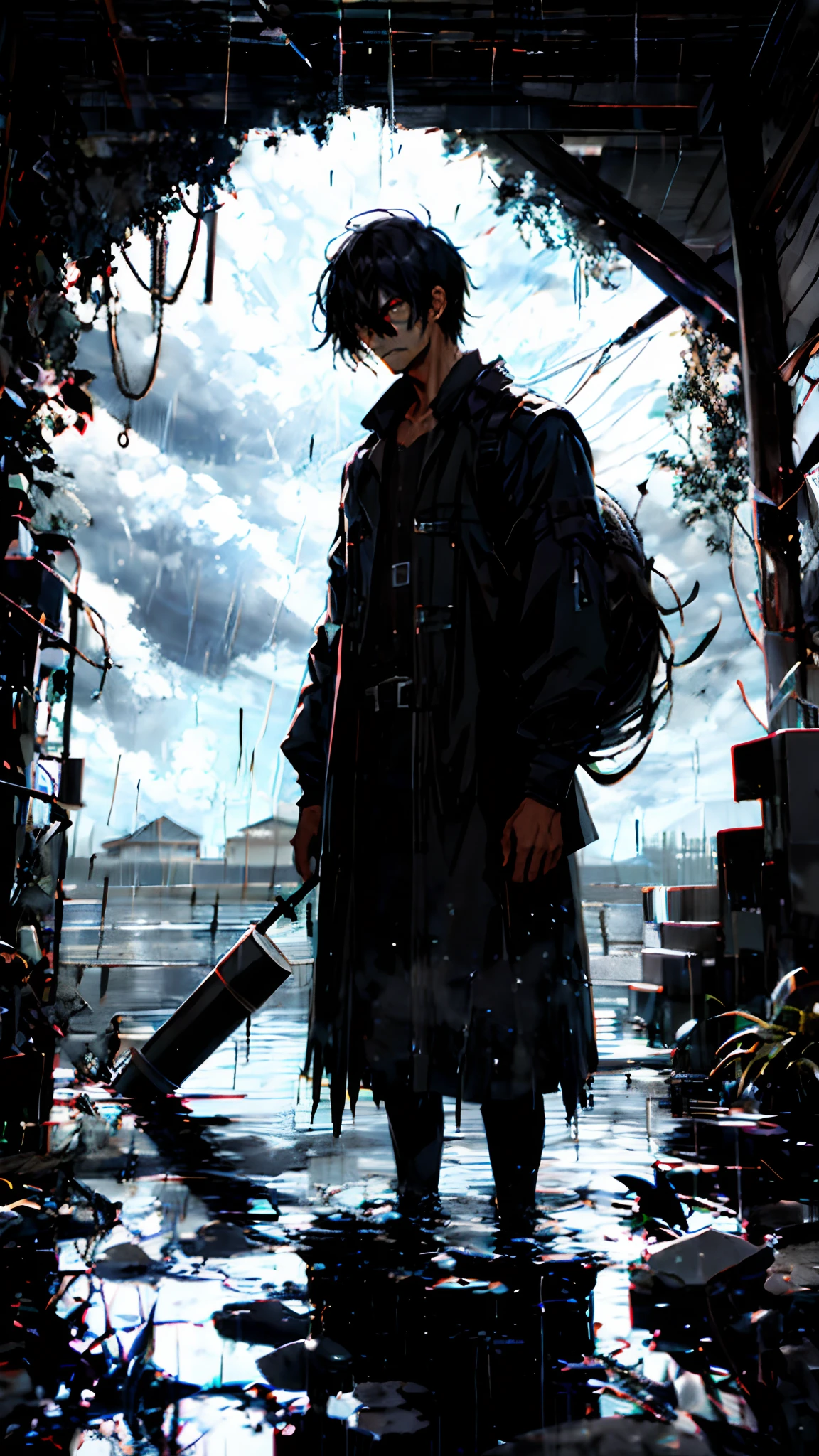 1hombre .Eyes bathed in anger, cabello largo mojado negro, glass barrel bottom, mirando al espectador, fondo de pantalla CG 8k extremadamente detallado,lluvia intensa de una tormenta