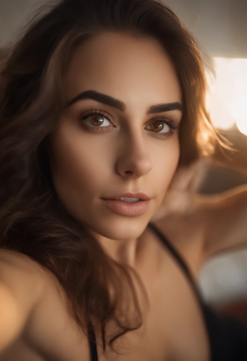 arafed woman with no tank top and panties, sexy girl with brown eyes, brown hair and large eyes, selfie of a young woman on sofa, no depth of field, no blur