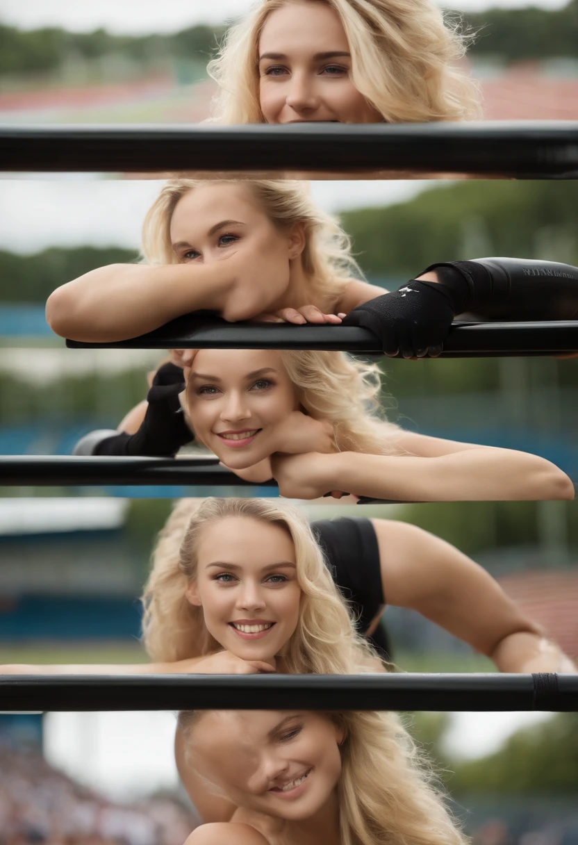 ((шедевр, Top image quality, high resolucion、solo、petits seins、Uniformes sans manches sur terre、Track and field athlete、coiffure haute queue de cheval blonde、Sans soutien-gorge、plein corps Esbienne、un sourire、A slight smil、Peau de Tecateca、glowy skin))、visage en sueur、Latin, puberty, plein de sueur、red lipsticks、Stroll along the tracks of the athletics stadium、solo、Sur les deux mains et les hanches、Le nombril est visible、((Thigh lift training))、((Courir sur la piste))、(((Corps macho)))、((Uniform wet with sweat))、(((voir tout le corps)))