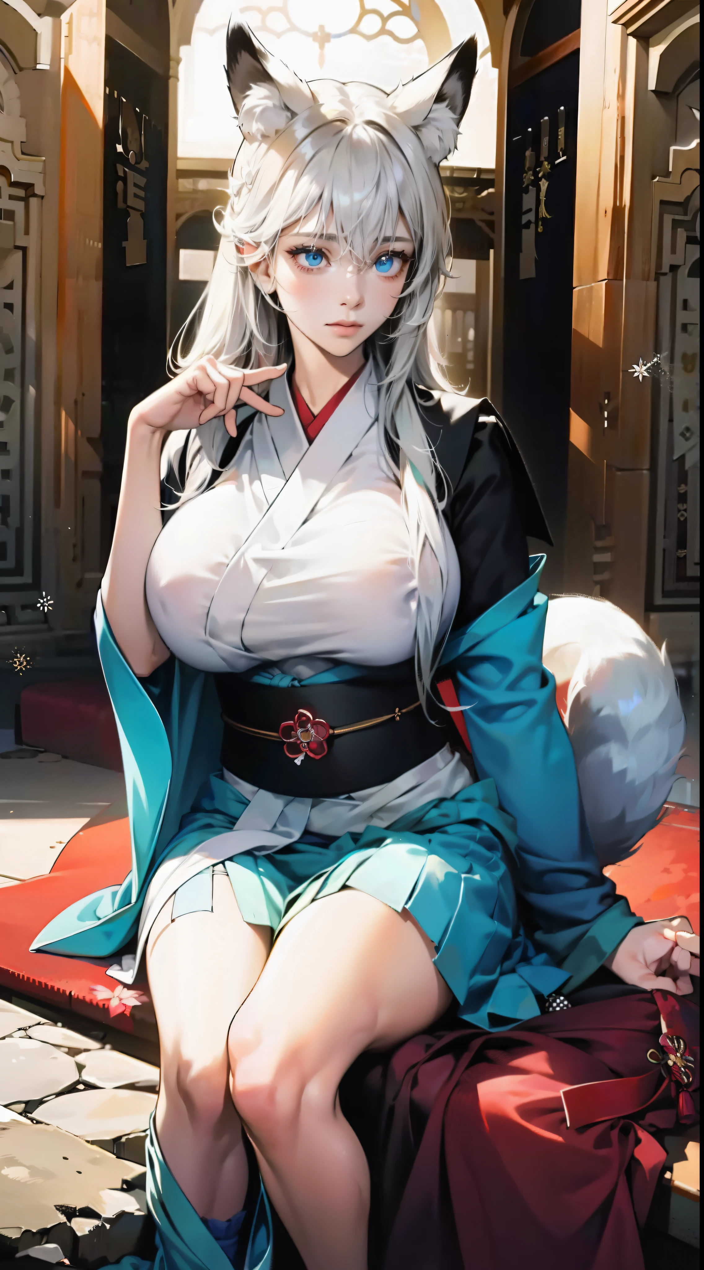 1 girl in、With long silver hair、long、Blue eyes、Beautiful eyes、Lustrous eyes、Bewitching face、(((((())))))、(Black kimono)、Floral kimono、japanese kimono、Fox ears、sitting on、Fox tail、Looking at the camera、It is drawn from head to thigh、((High resolution of the highest quality))、(masterpiece best quality:1.2)、[[Bad face]], [[Fused fingers]] , Swollen breasts，crisp breasts，Breasts during lactation，Lactation, Gigantic breasts, Heavy breasts, no bra, grabbing breast, girl,