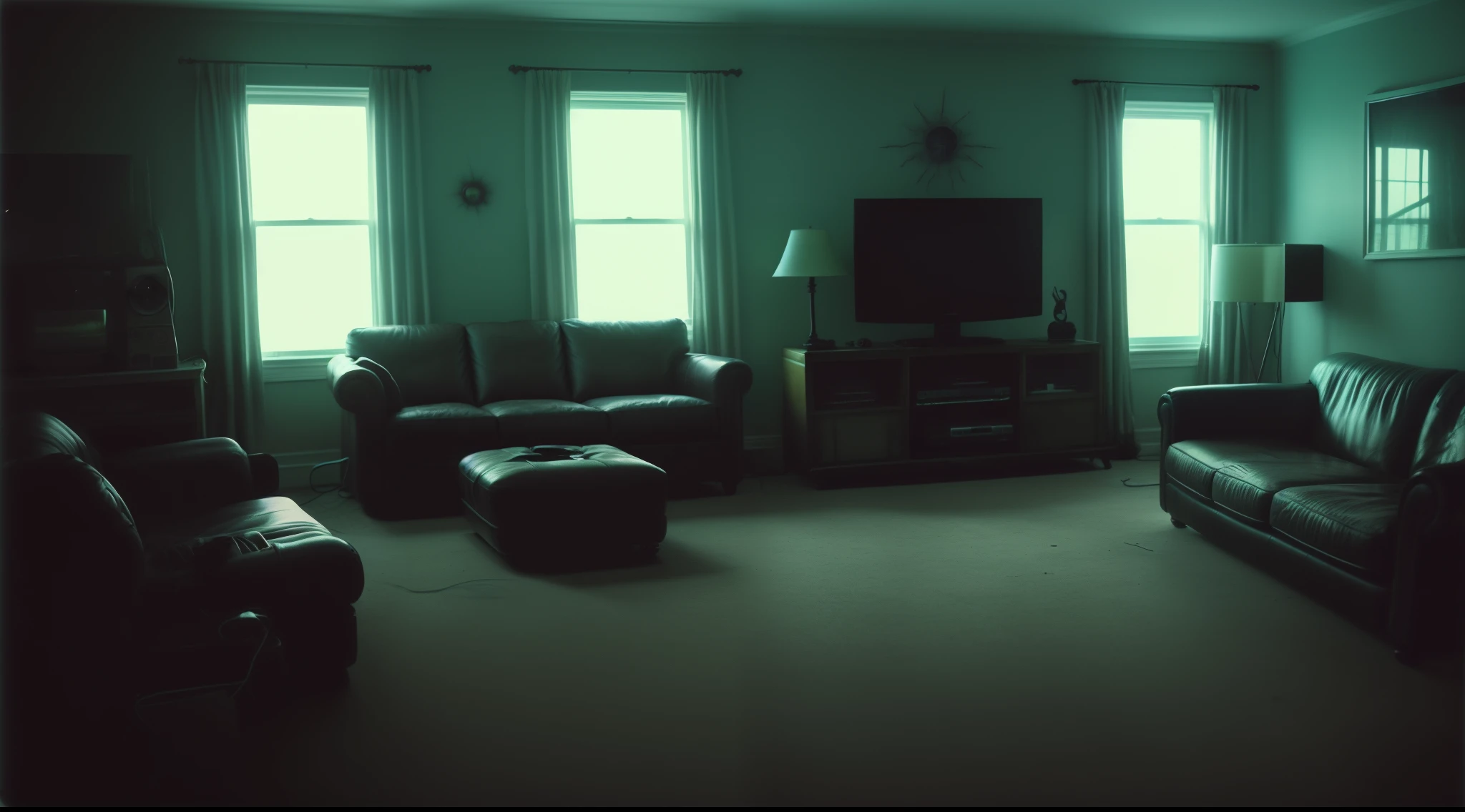 Nostalgic but unsettling photos、Images in a dream、90's、Retro、uneasy、deep in the night、natta、No light coming in through the window、((Large room、furniture、leather couch, TV in the center of the room、CRT TV、The TV is turned on、The only light is the light of the TV))、Almost no light、murky、Particle、Grainy photo、Film Touch、color photograph、horor、terrifying、Wide angle scary atmosphere、wide angles、wide-angle lens、