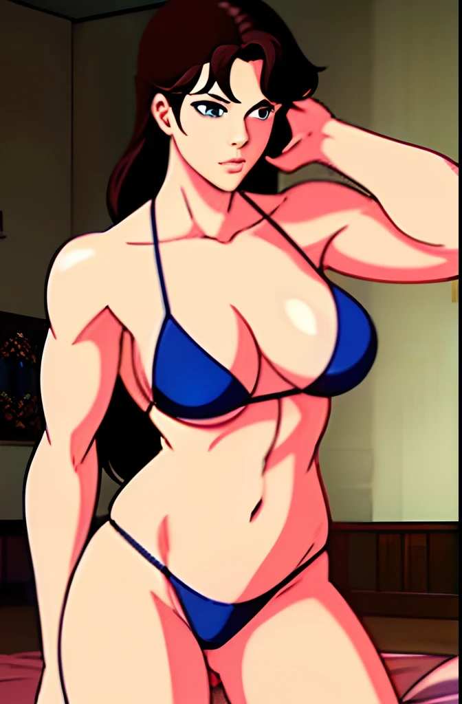 sexy girl, (((very muscular))), dominant, bedroom, bikini, fierce, teasing, standing tall, thong, brutal