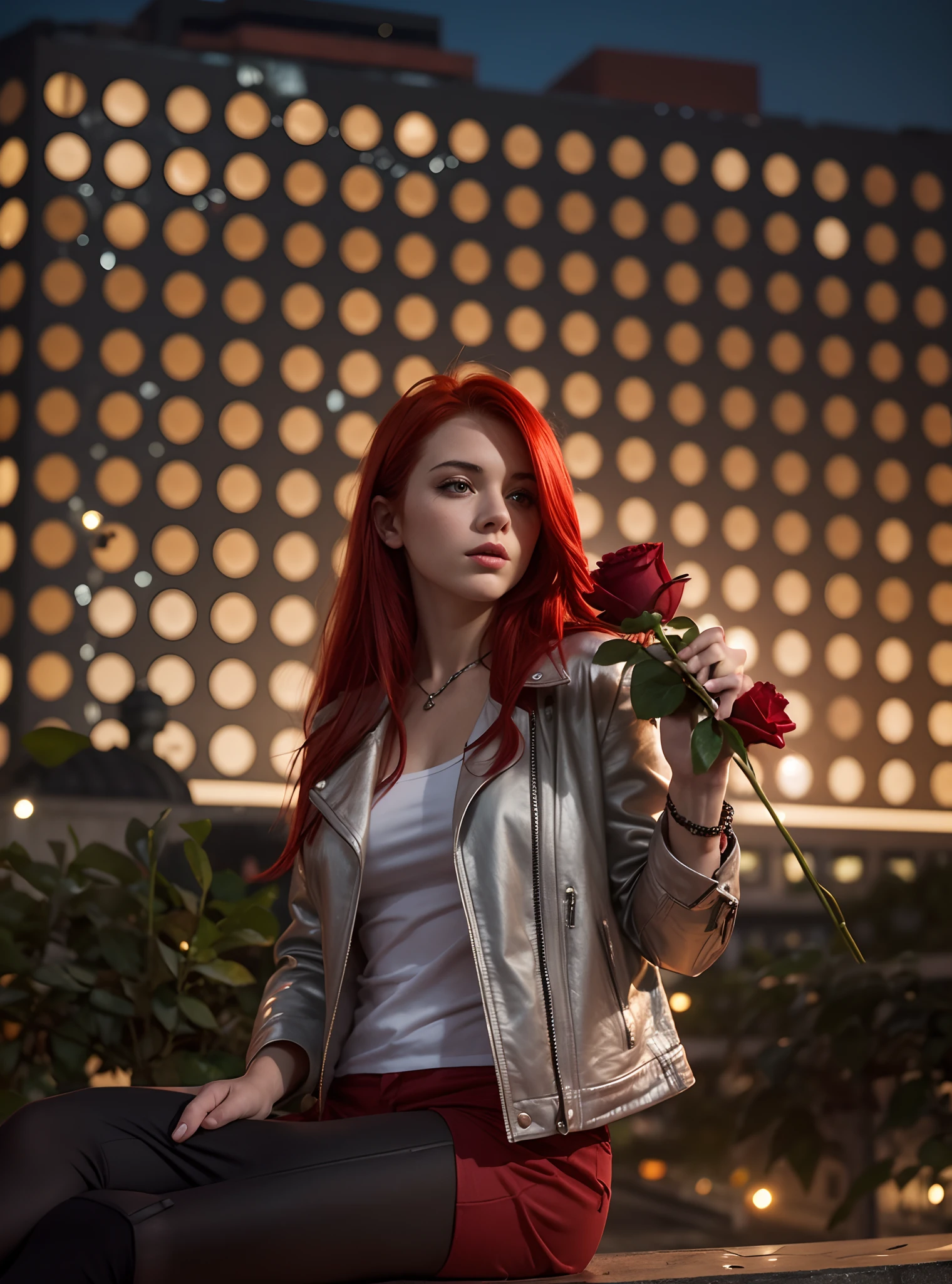 Girl with red hair, Broad face,  Against the backdrop of the city at night, Rock style, holding a red rose in his hand, As realistic as possible, Natural photo, aesthetics, Realistic (((Do not change your face)))
