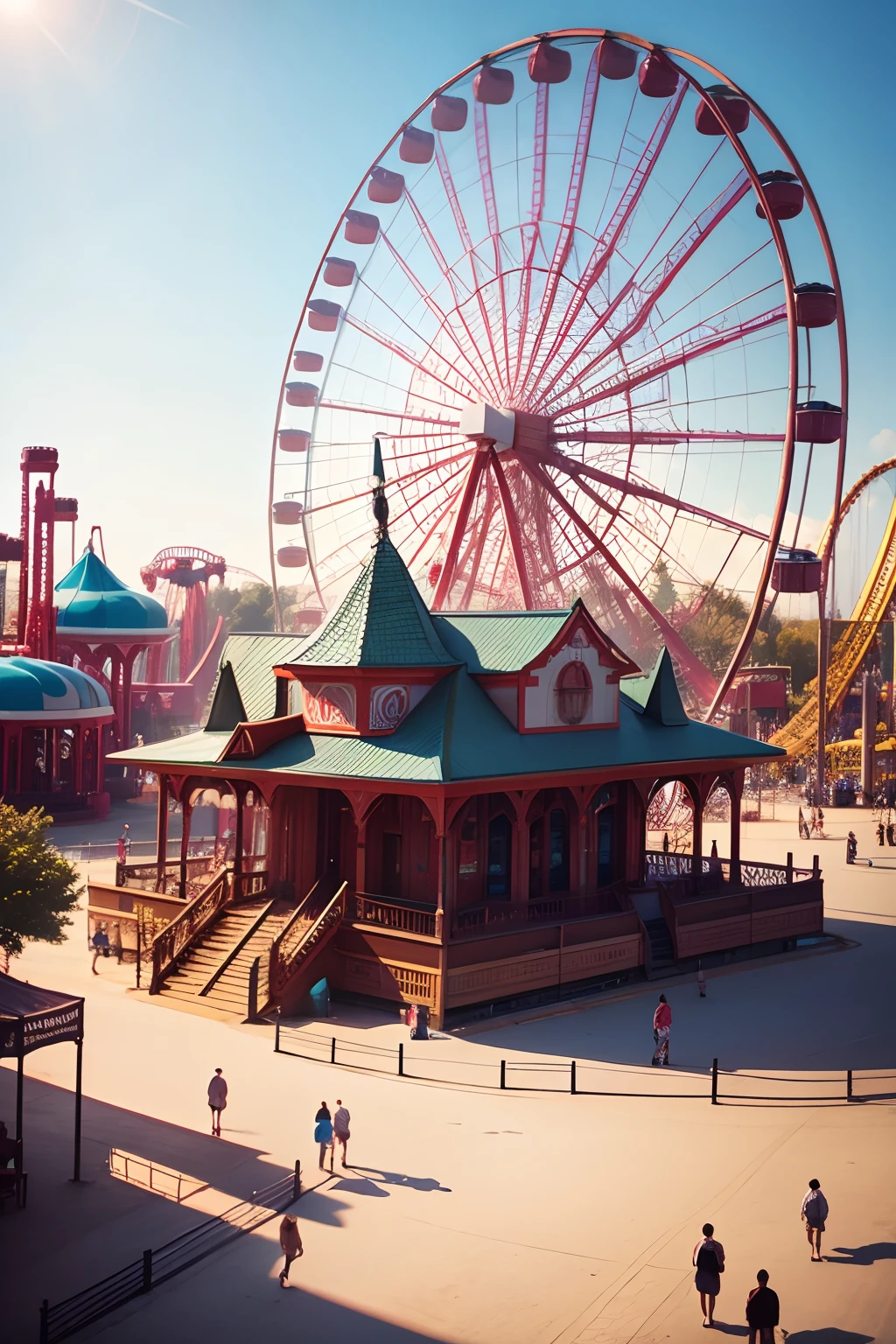 photos of an amusement park with different rides