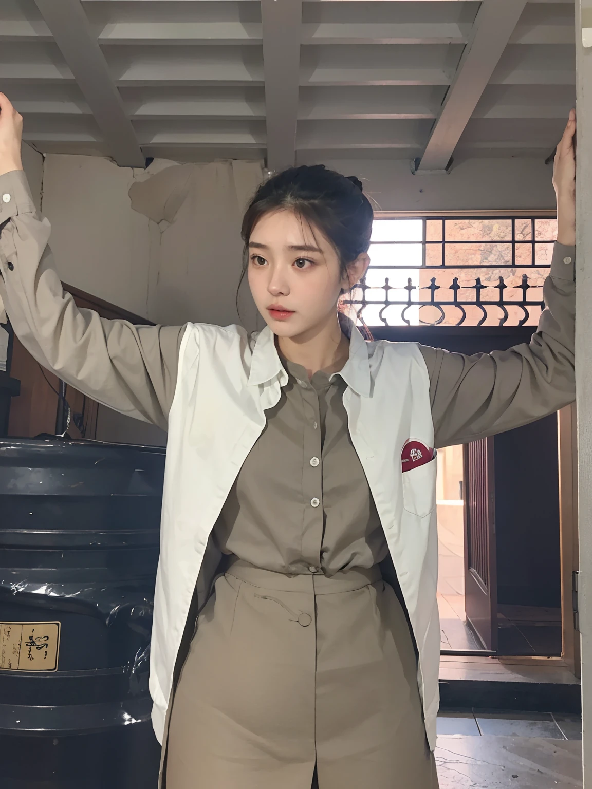19Year old woman, Being smacked on the ass harshly by his father, midnight, in a house, shout, midnight, masterpiece, Realistic, Korea person, Well-formed look, hightquality, Clean clothes, slender body, A woman is rolled up her skirt by her father