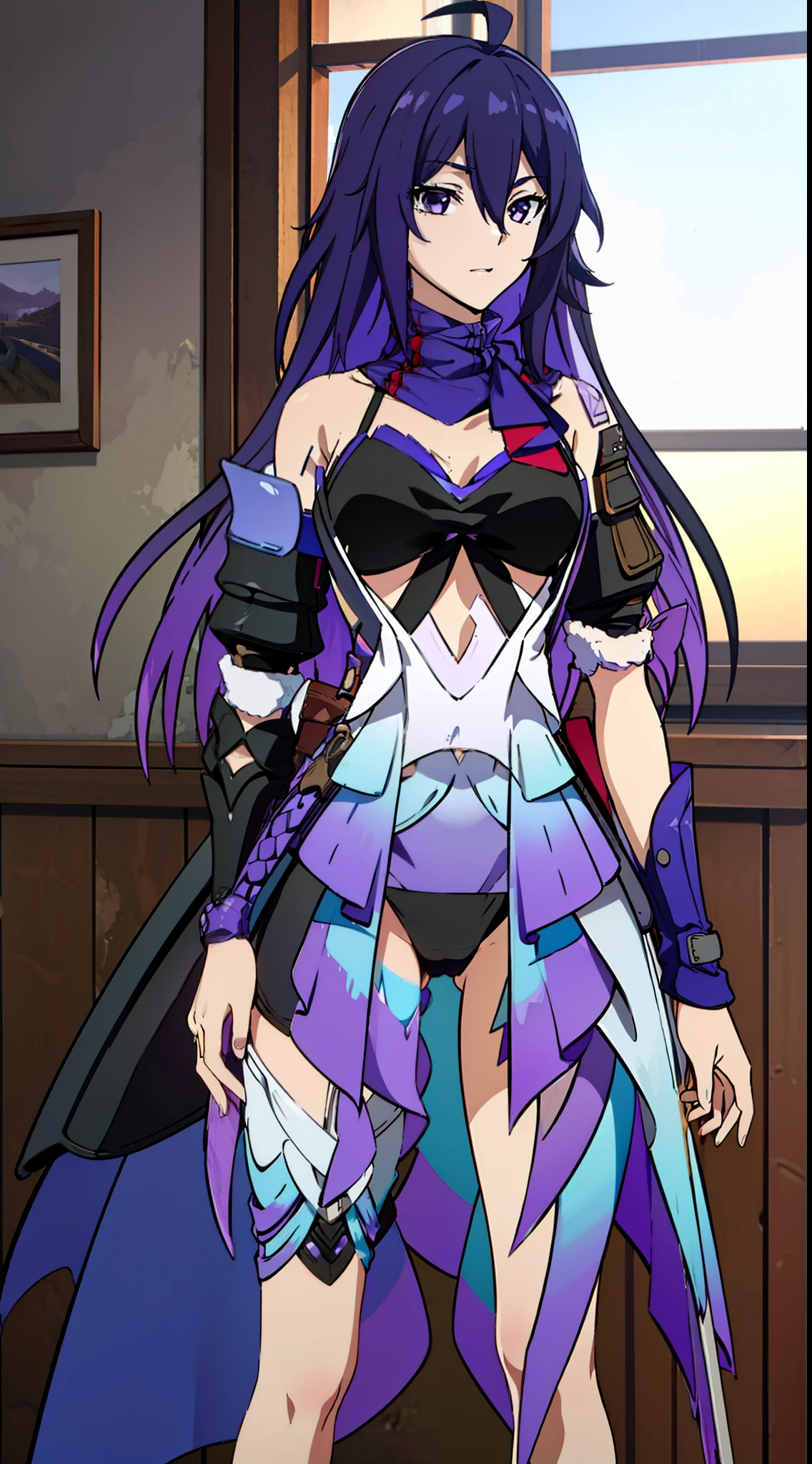 2D, HD, Detailed details, top-quality, Highly detailed, masterpiece, best quality, high-res, solo, 1girl, seele hsr, purple_hair, long_hair, purple_eyes, looking at the viewer, anime-styled, breast, sexy body