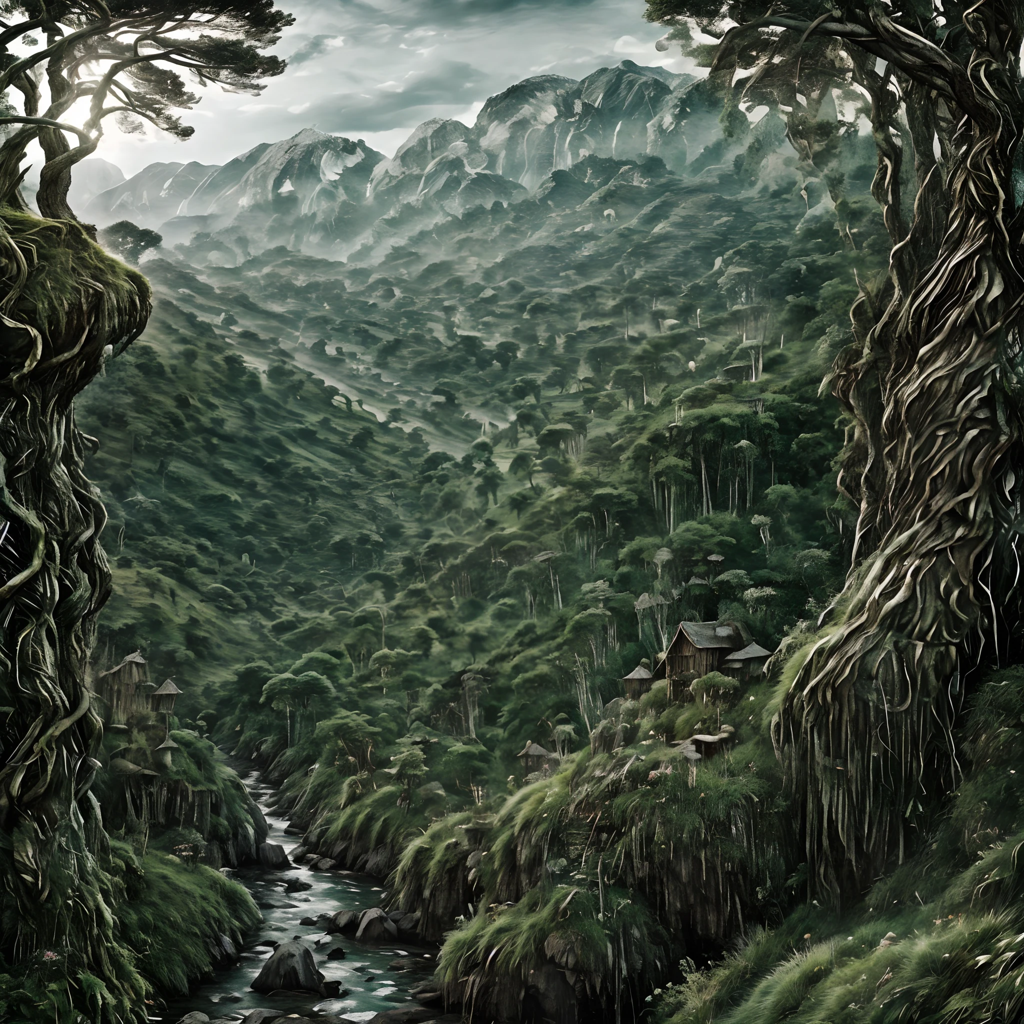 The broad, rugged landscape takes center stage in this vivid painting. Craggy cliffs jut out from rolling hills covered in emerald grass. A crystal river winds through the countryside, glinting silver under the bright sun. Lush forests blanket the land, dotted with wildflowers in full bloom. In the background, snow-capped mountains pierce the sapphire sky. An idyllic countryside untouched by evil or darkness.
Nestled into this beautiful landscape are the twisted forms of Gollum, Gandalf, and the two dragons. Gollum's gangly body is draped over a rocky outcropping, his spindly fingers clutching at the air for his precious Ring. Gandalf's glowing white form lies half-submerged in the glittering river, his robes floating around him. The sinuous shapes of the dragons wrap around the trunks of towering trees, their jewel-colored scales glinting amidst the emerald leaves.
Though they do not belong in this peaceful land, the darkness of these characters cannot corrupt the vibrant beauty of nature around them. The rolling green hills dwarf Gollum's corrupted form. Gandalf's wisdom is muted by the playful babbling of the river. And the dragons' ancient power is no match for the solid strength of the ancient forest. Their battle against the allure of the One Ring goes unnoticed by the land, which continues on untouched, a testament to the endurance of light even in the presence of darkness.