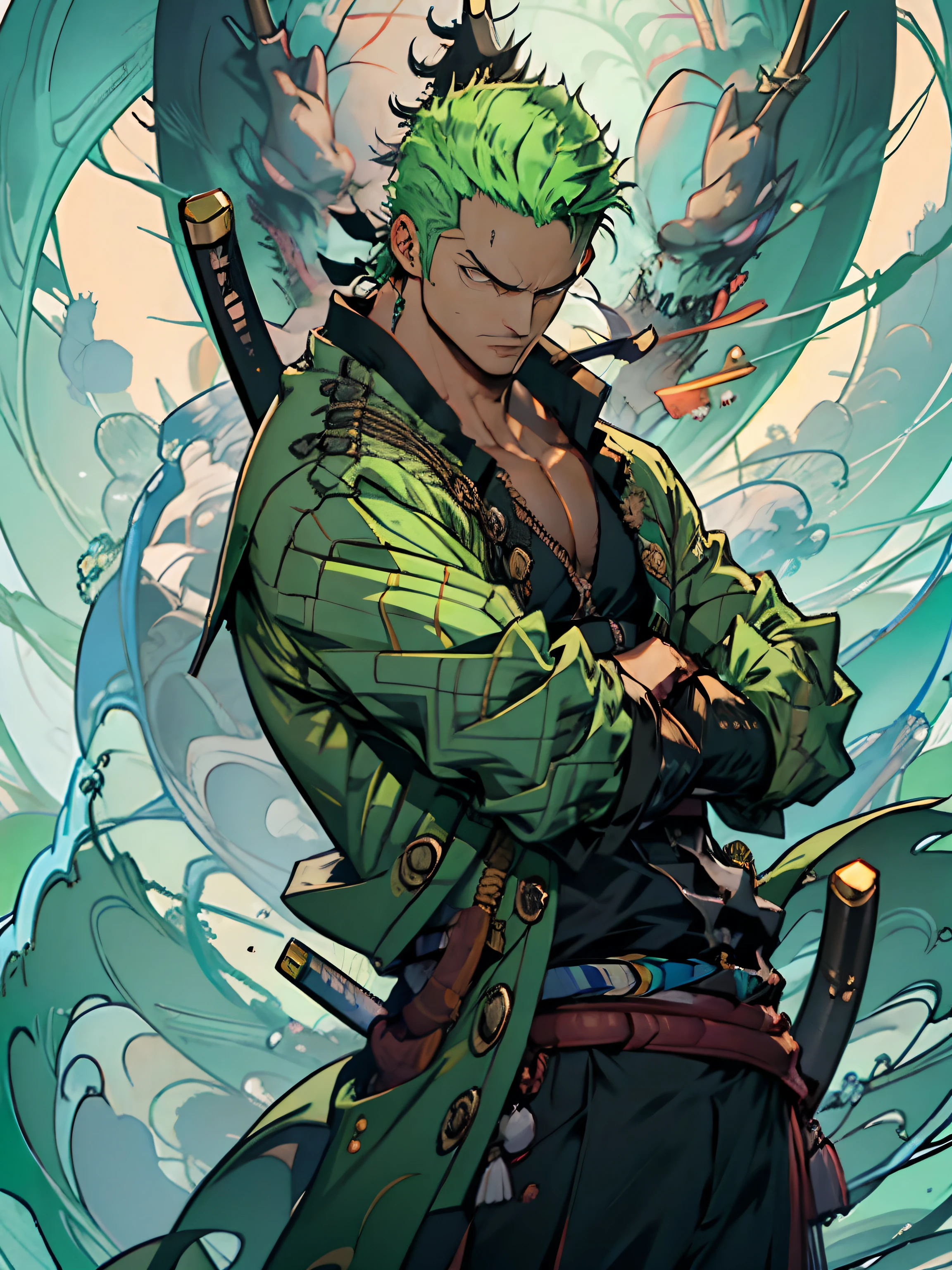 rORONOA Zoro DO ANIME "(ONE PEACE",) sozinho, Olhando para o Viewer, short hair, mangas compridas, 1st grade, GREEN PIRATE suit jacket, parte superior do corpo, arma, Foco masculino, Roupas japonesas, cabelos verdes, wHater, WAVES, de lado, cicatriz NO OLHO ESQUERDO, bainha, cicatriz no rosto, Embainhados, (slicked back hair)