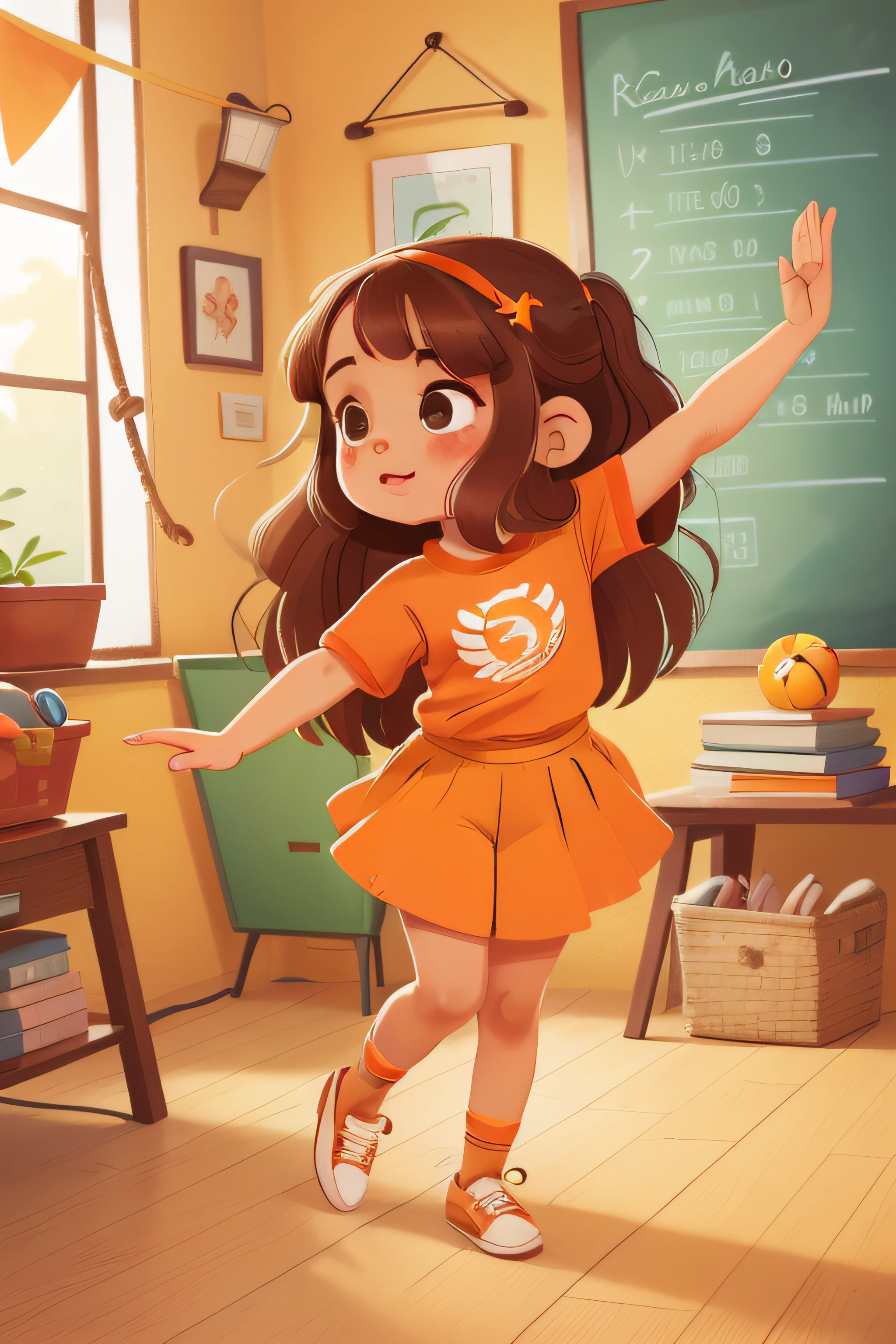 Full Length Little Girl Pose de rosto bonito para vintage, vintage, Menina de 4 anos, t-shirt amarela, saia marrom, orange sneakers, medium brown hair, olhos castanho, feliz, Dancing in the classroom with long hair and expressive eyes, Music playing