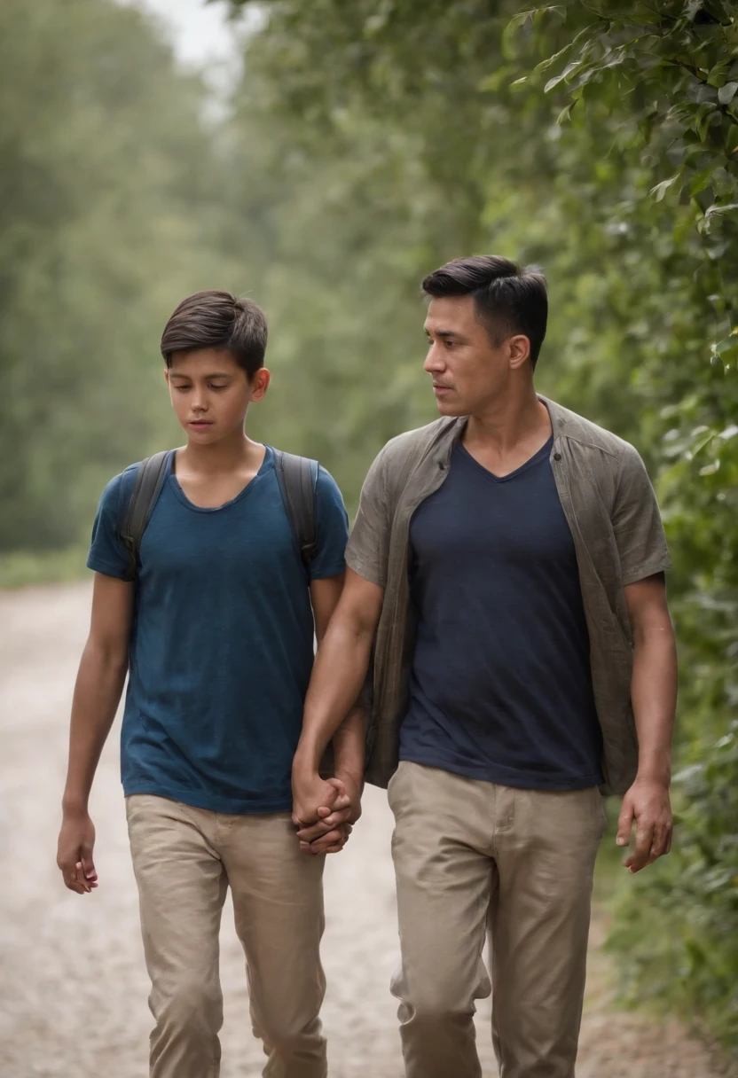 Illustrate the poignant moment of a father walking with his teenage son, Their bond exudes love and determination，Although they are currently struggling with softness, diffuselighting，Cast a soft glow on the subject, Symbolizing their enduring hope and resilience, the duo is framed in a medium shot, Capture man walking side by side with his son. The camera angle is slightly tilted from below，To emphasize their determination and connection, capture the gloomy scene of a father and son walking through a challenge, Their expressions reflect the weight of their hardships.
