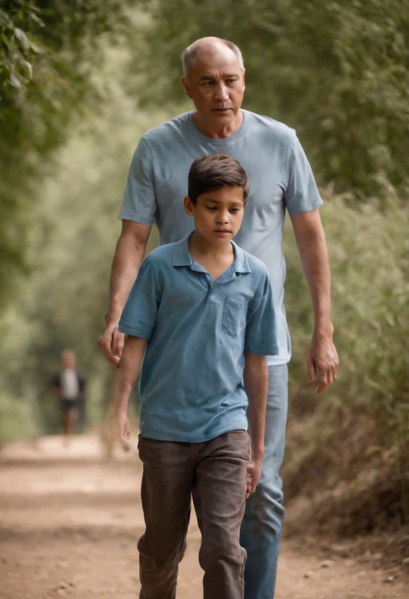 Illustrate the poignant moment of a father walking with his age son, Their bond exudes love and determination,Although they are currently struggling with softness, diffuselighting,Cast a soft glow on the subject, Symbolizing their enduring hope and resilience, the duo is framed in a medium shot, Capture man walking side by side with his son. The camera angle is slightly tilted from below,To emphasize their determination and connection, capture the gloomy scene of a father and son walking through a challenge, Their expressions reflect the weight of their hardships.