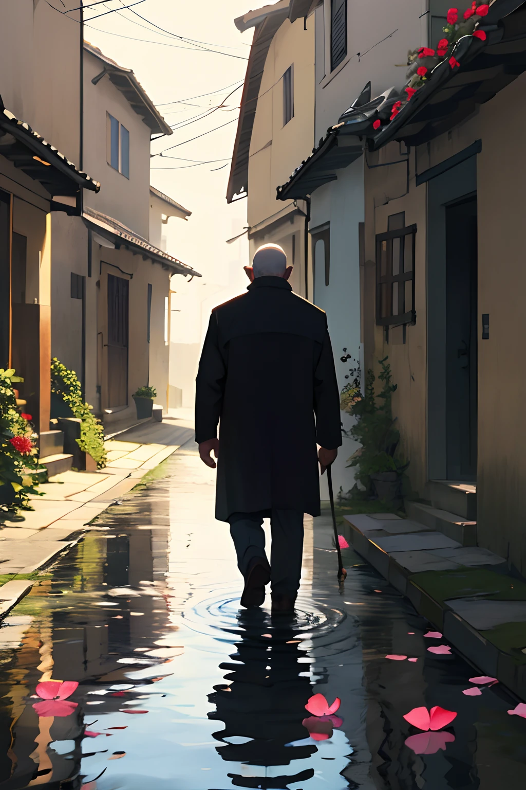 father,solo,walking in the sunlight,village,water drop,petals,