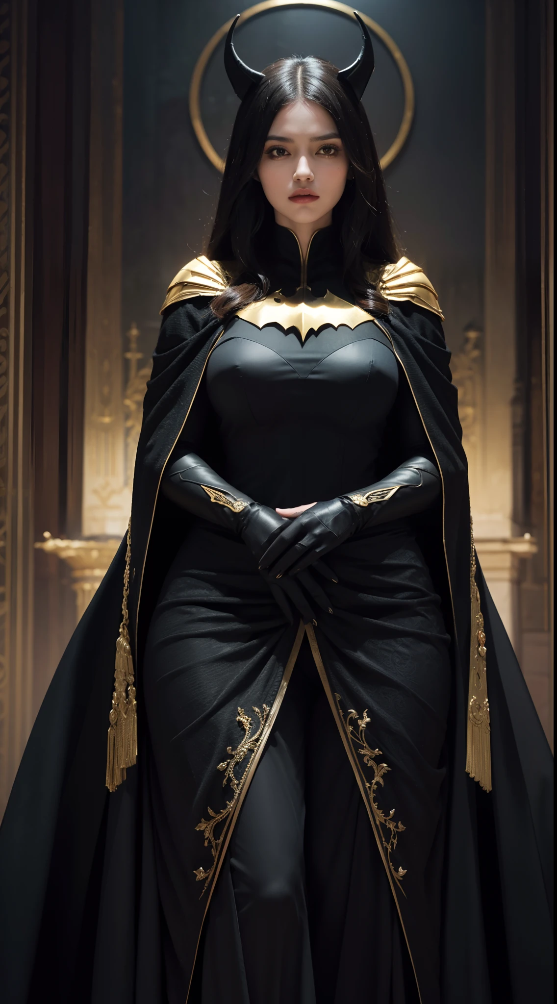 , picture a regal figure standing tall and confident. The great king batwoman is adorned in a magnificent, form-fitting suit made of sleek, black fabric that accentuates her powerful physique. The cloth is tightly woven, hugging her body and emphasizing her strength and agility.
Her outfit is adorned with intricate golden patterns and accents, symbolizing her noble status. The design incorporates elements inspired by bats, with wing-like motifs along the sleeves and edges of the suit. The golden details catch the light, adding an air of majesty and grandeur to her appearance.
A flowing cape, also black with golden trim, drapes gracefully from her shoulders, billowing behind her as she moves. The cape symbolizes her authority and adds a touch of mystery to her presence.
The great king batwoman's mask is an iconic feature, concealing her identity and adding an aura of intrigue. It is sleek and black, perfectly fitting her face, with piercing, determined eyes visible through the mask's openings.
Standing tall, with an air of command and strength, the great king batwoman is a symbol of justice, power, and leadership. Her attire reflects her regal status, combining elegance with practicality, and instilling a sense of awe and admiration in all who lay eyes upon her