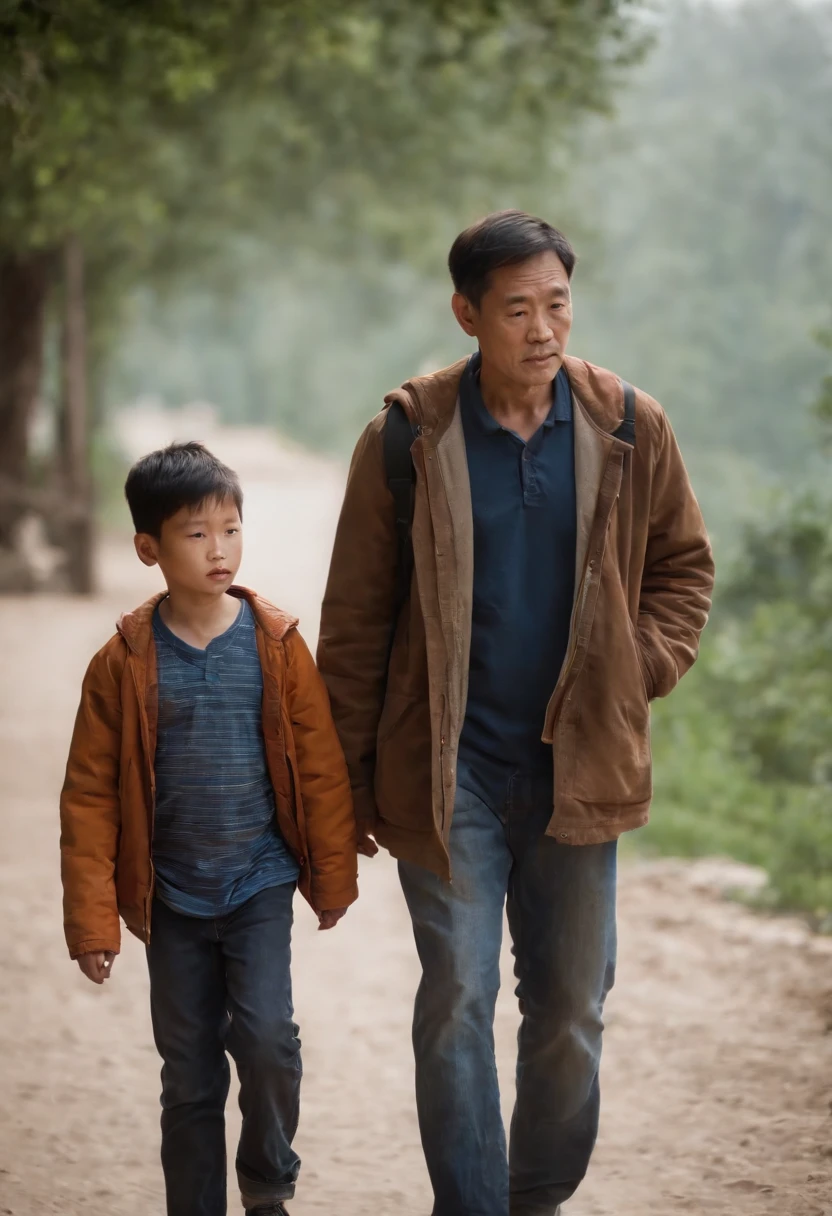 Illustrate the poignant moment of a father walking with his age son, Their bond exudes love and determination,Although they are currently struggling with softness, diffuselighting,Cast a soft glow on the subject, Symbolizing their enduring hope and resilience, the duo is framed in a medium shot, Capture man walking side by side with his son. The camera angle is slightly tilted from below,To emphasize their determination and connection, capture the gloomy scene of a father and son walking through a challenge, Their expressions reflect the weight of their hardships. Chinese face
