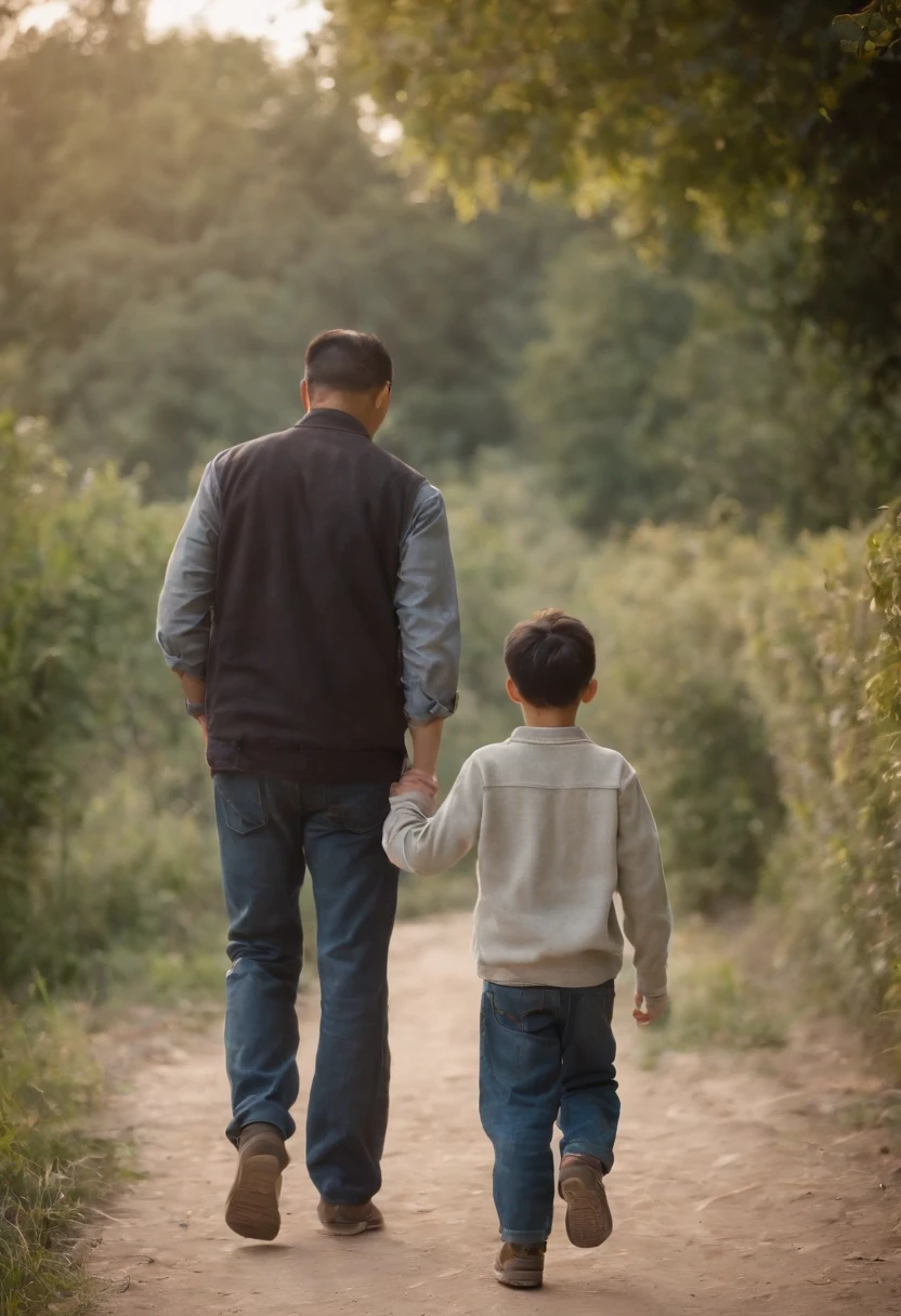 Illustrate the poignant moment of a father walking with his teenage son, Their bond exudes love and determination，Although they are currently struggling with softness, diffuselighting，Cast a soft glow on the subject, Symbolizing their enduring hope and resilience, the duo is framed in a medium shot, Capture man walking side by side with his son. The camera angle is slightly tilted from below，To emphasize their determination and connection, capture the gloomy scene of a father and son walking through a challenge, Their expressions reflect the weight of their hardships. Chinese face