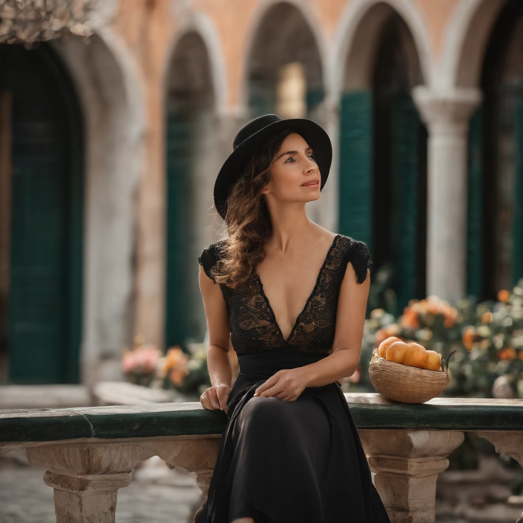 A woman with a medium skin tone and black, wavy hair that cascades past her shoulders strides gracefully along a picturesque bridge over a tranquil Venetian canal. She's adorned in a pristine white dress that complements her complexion, and a quaint straw hat sits atop her head, shielding her from the gentle rays of the afternoon sun. Her eyes, framed by rectangular black glasses, meet the lens of the camera with a playful, inviting smile. In her gentle grasp, she holds a delectable gelato cone, the cool essence of which contrasts with the warm Italian ambiance enveloping her. The serene yet vibrant essence of Venice reflects in her demeanor as she revels in the simplicity and beauty of the moment.