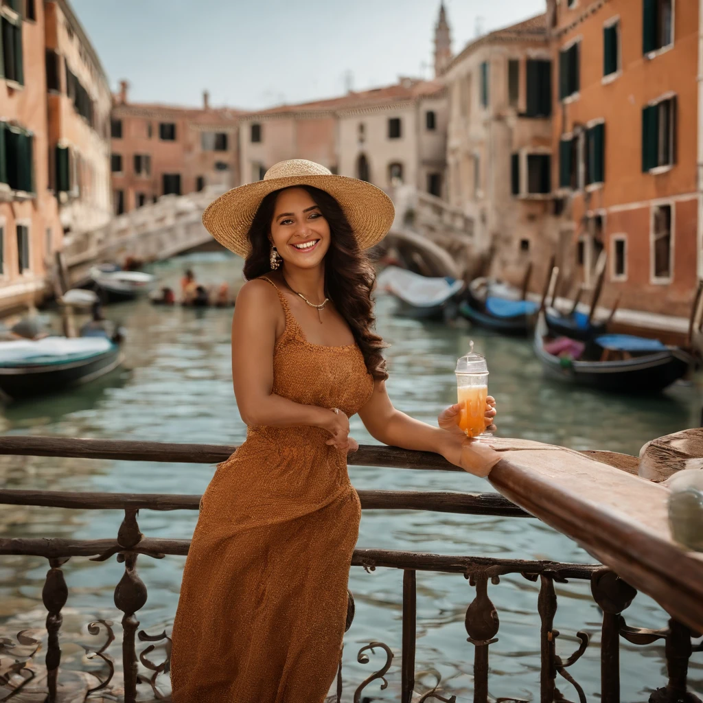 A woman with a medium skin tone and black, wavy hair that cascades past her shoulders strides gracefully along a picturesque bridge over a tranquil Venetian canal. She's adorned in a pristine white dress that complements her complexion, and a quaint straw hat sits atop her head, shielding her from the gentle rays of the afternoon sun. Her eyes, framed by rectangular black glasses, meet the lens of the camera with a playful, inviting smile. In her gentle grasp, she holds a delectable gelato cone, the cool essence of which contrasts with the warm Italian ambiance enveloping her. The serene yet vibrant essence of Venice reflects in her demeanor as she revels in the simplicity and beauty of the moment.