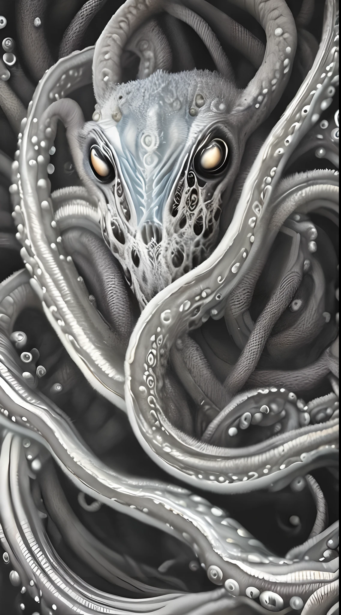 vecna, highres, 1boy, bald, black_border, eldritch_abomination, graphite_(medium), greyscale, looking_at_viewer, monochrome, devil_diabolic, horror_body, cinematic portrait, (monster:1), (no_nose), terror_scifi,(guro:1.1),  japanese horror style, solo, (tentacles), (traditional_media), ((veins)), veins_tentacles, white_eyes, Deep of filt 16k, hyper_realistic illustration