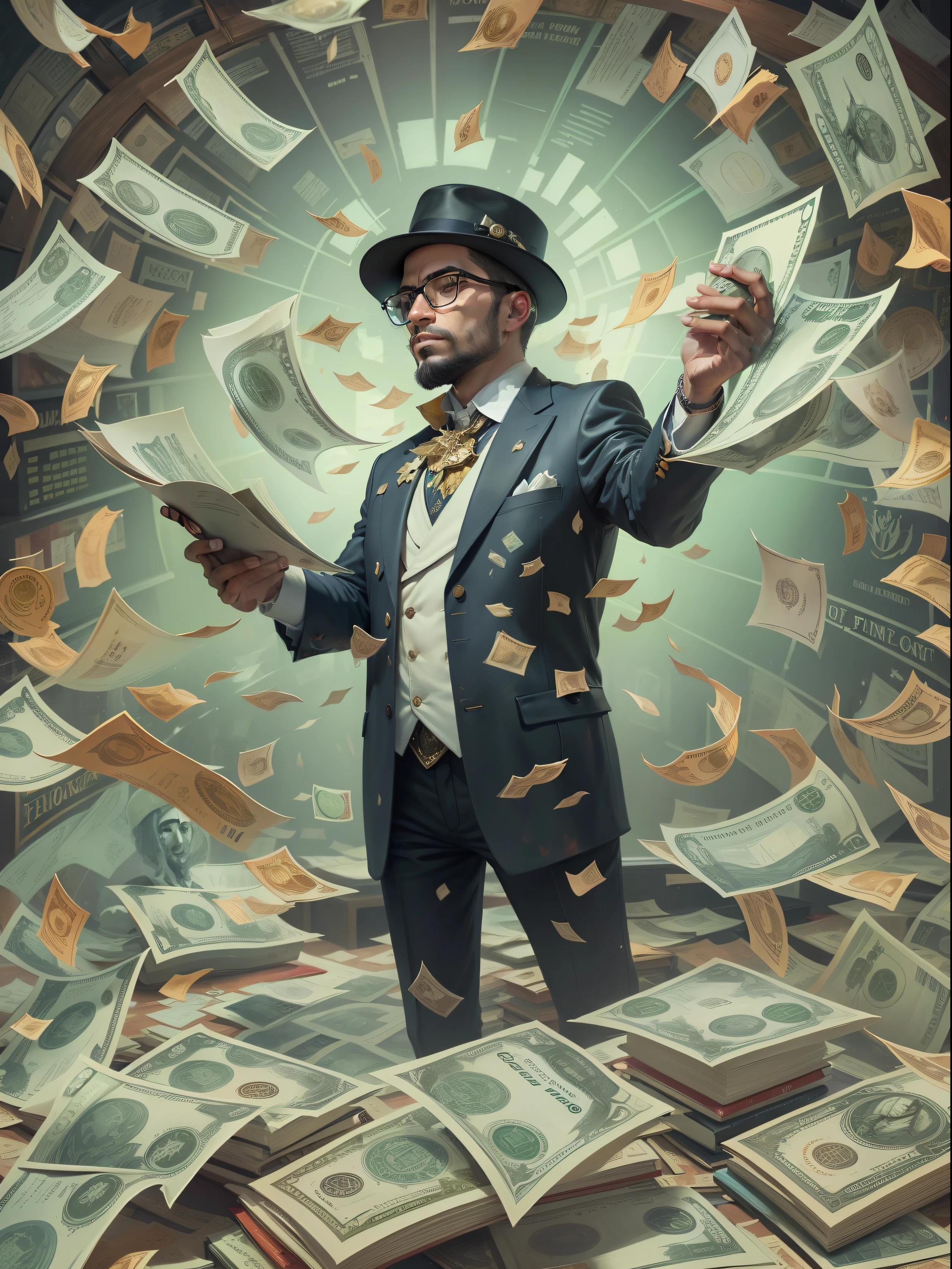 A detailed painting of a person in costume, surrounded by a flurry of dollar bills, avec le livre Financial Freedom Formula au centre.